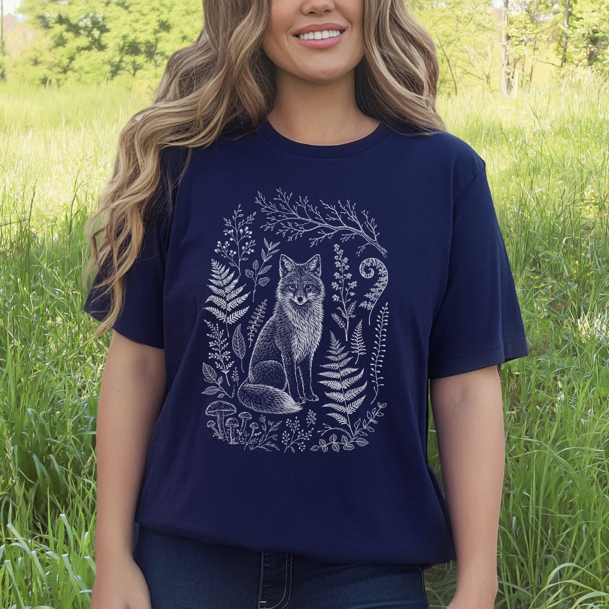 Fox and Forest Sketch Folk Art Forestcore T-Shirt