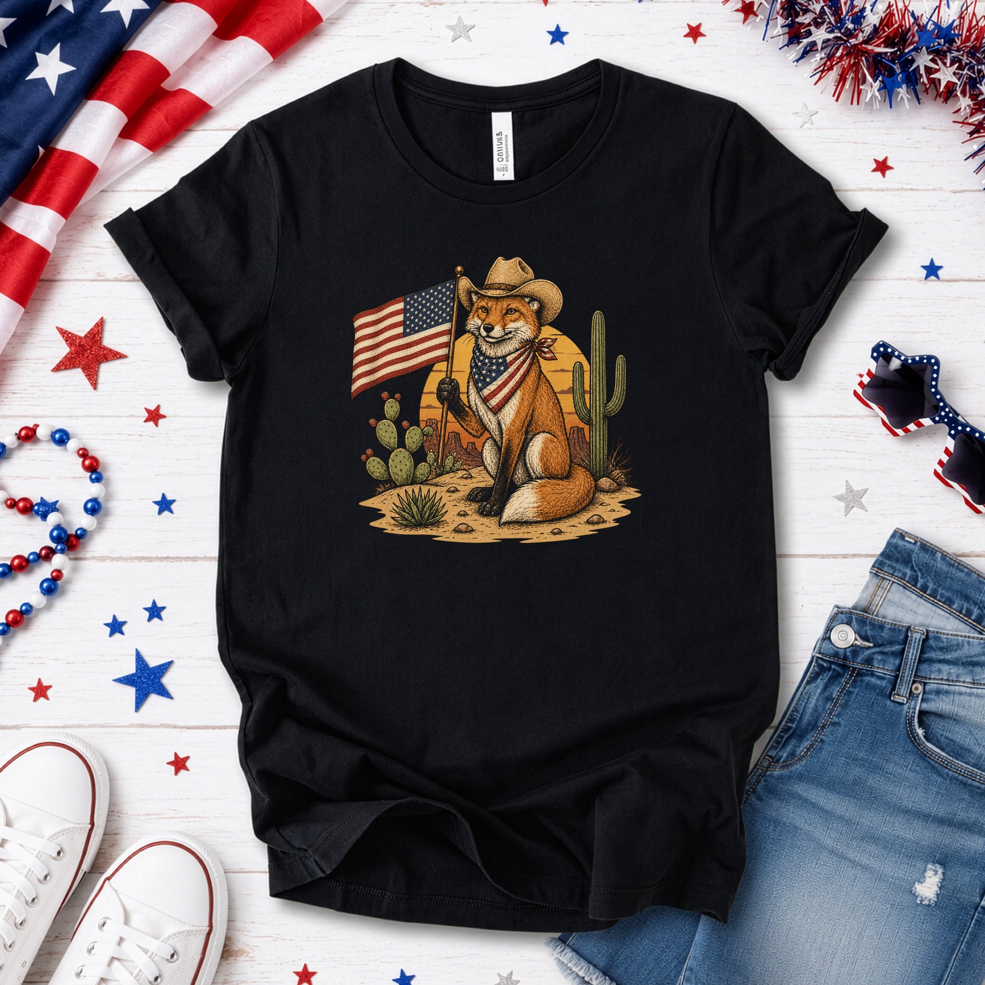 Fox of Freedom Patriotic Cowboy Desert Americana Graphic T-Shirt