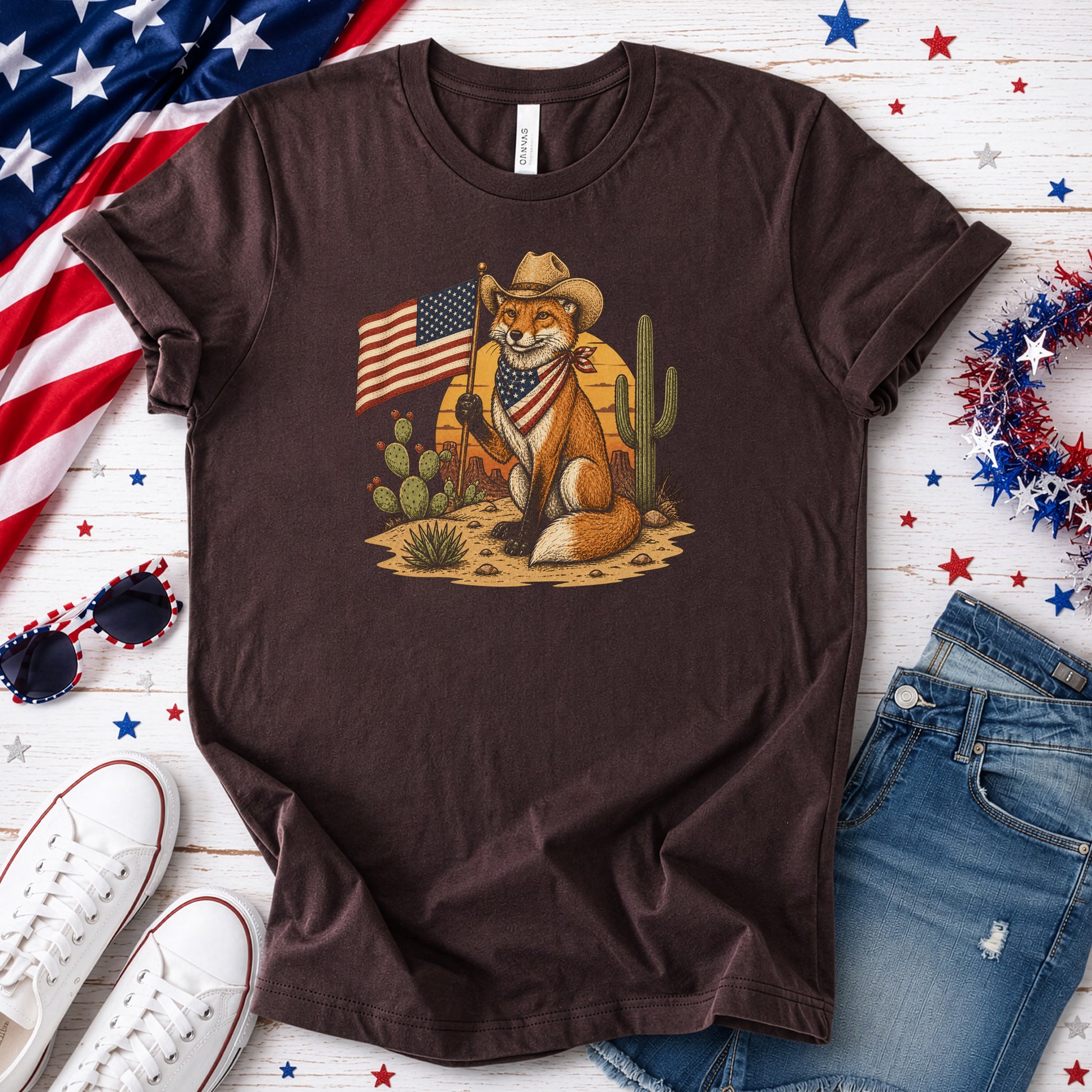 Fox of Freedom Patriotic Cowboy Desert Americana Graphic T-Shirt