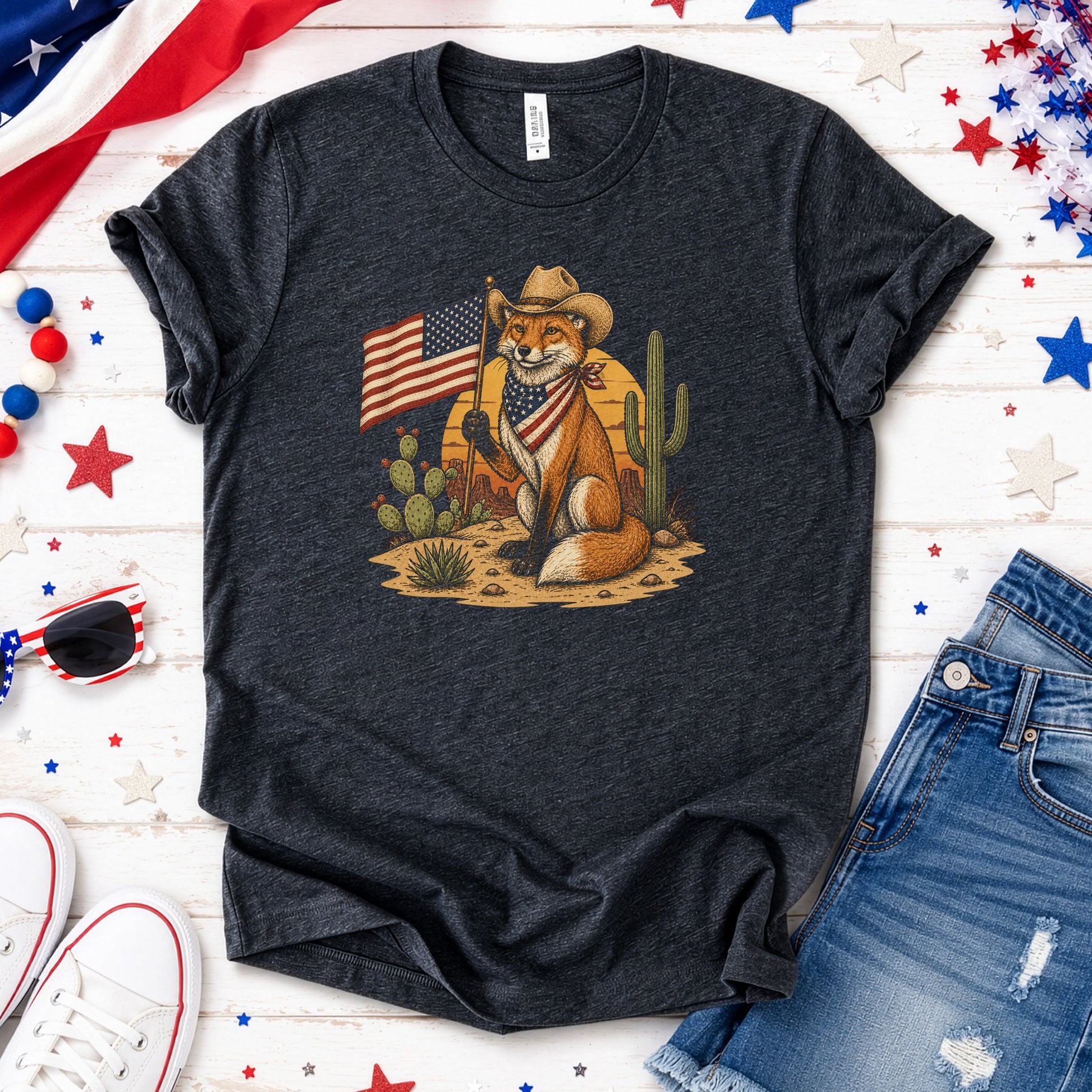 Fox of Freedom Patriotic Cowboy Desert Americana Graphic T-Shirt