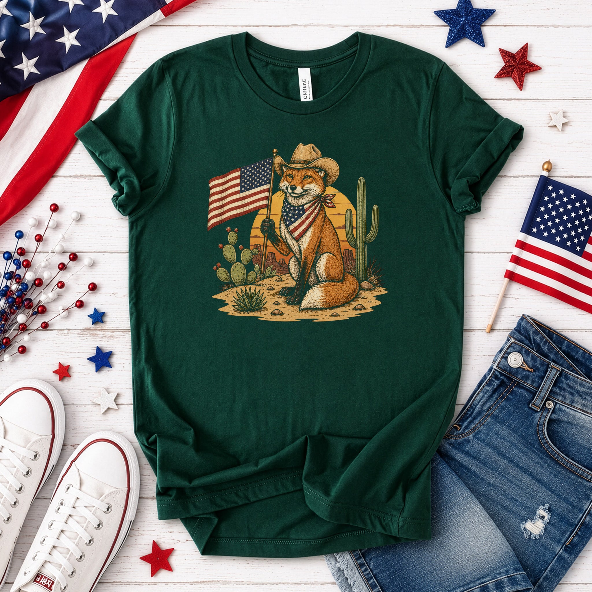 Fox of Freedom Patriotic Cowboy Desert Americana Graphic T-Shirt
