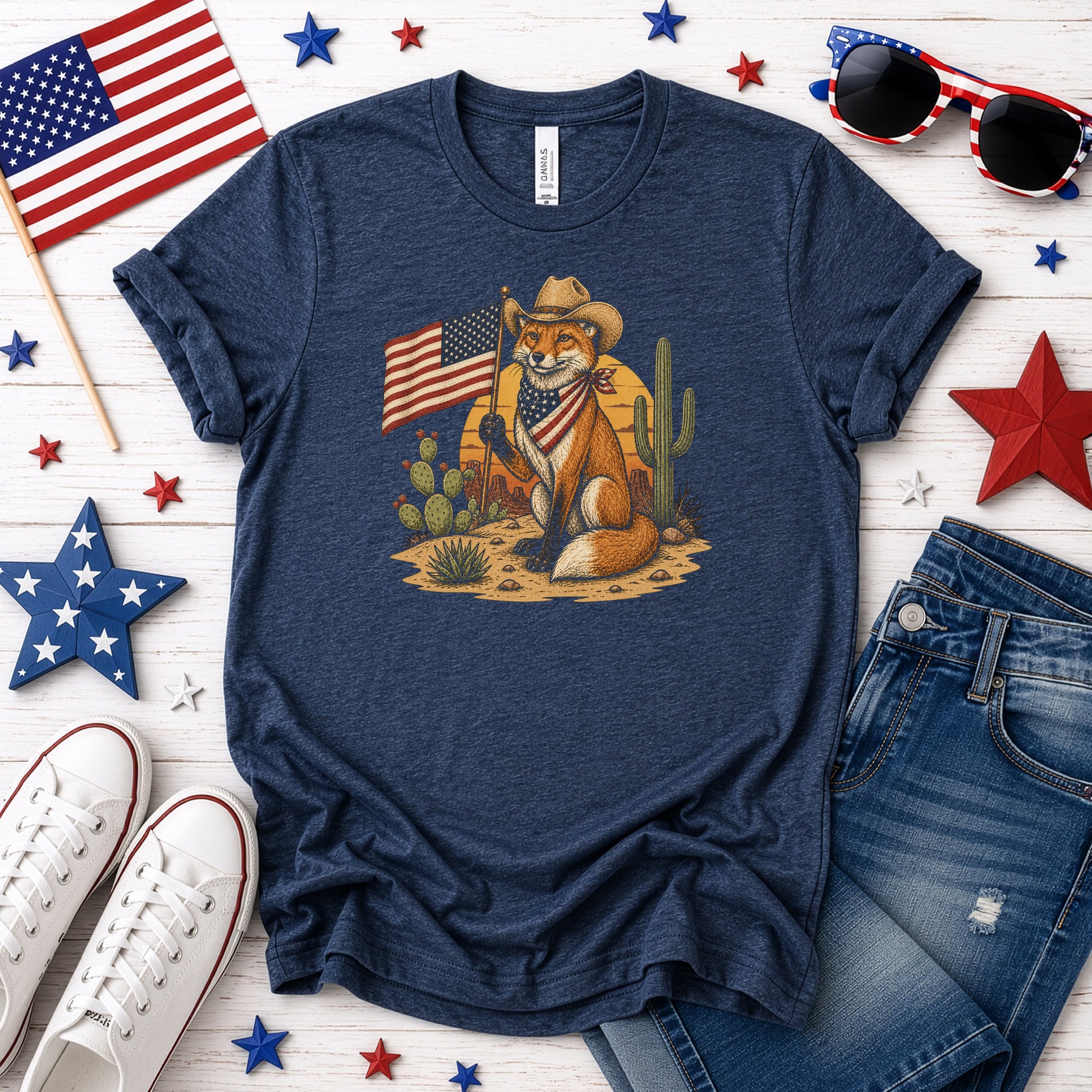 Fox of Freedom Patriotic Cowboy Desert Americana Graphic T-Shirt