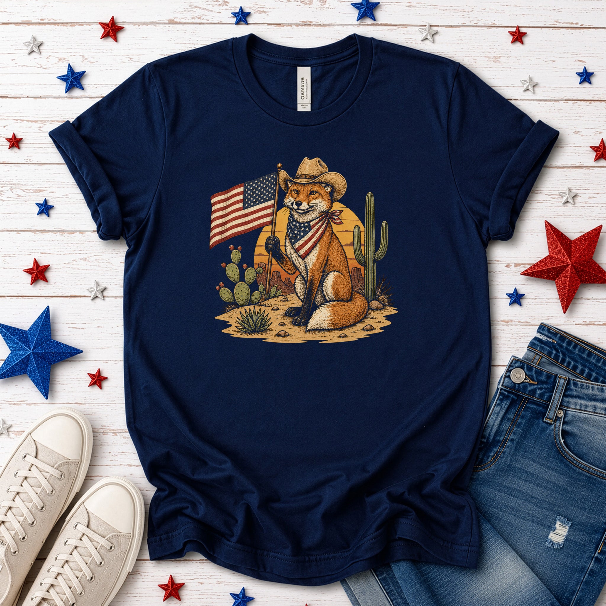 Fox of Freedom Patriotic Cowboy Desert Americana Graphic T-Shirt