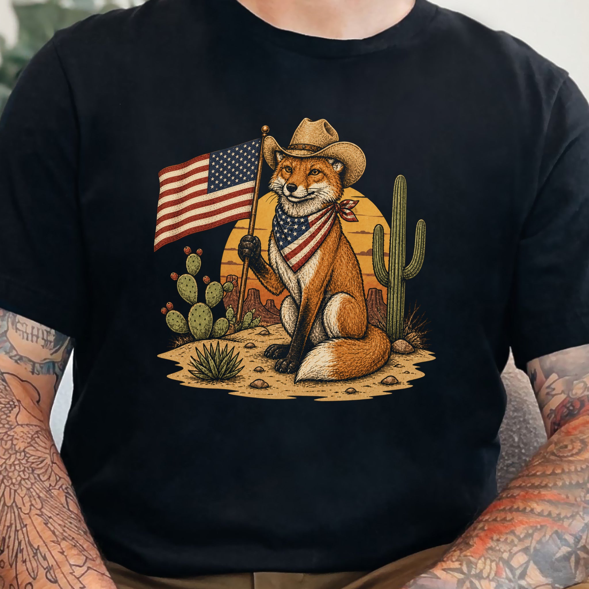 Fox of Freedom Patriotic Cowboy Desert Americana Graphic T-Shirt