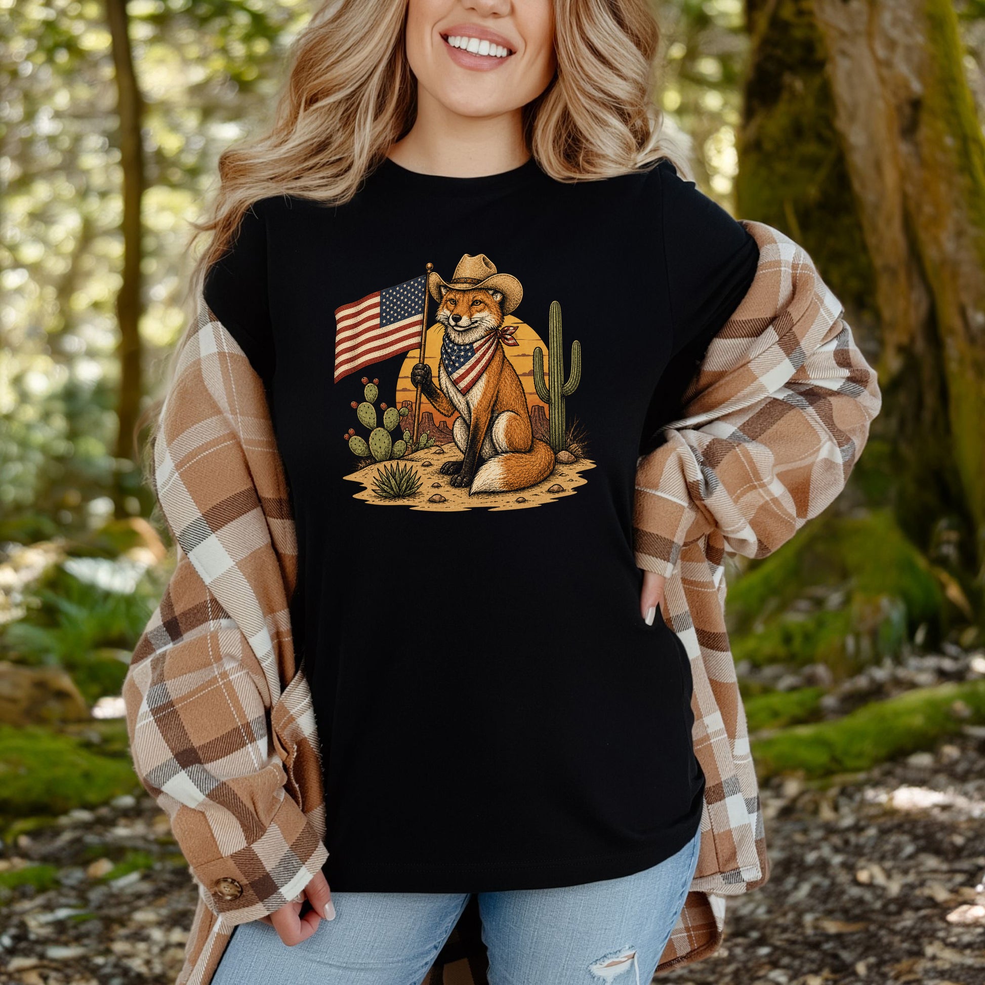 Fox of Freedom Patriotic Cowboy Desert Americana Graphic T-Shirt