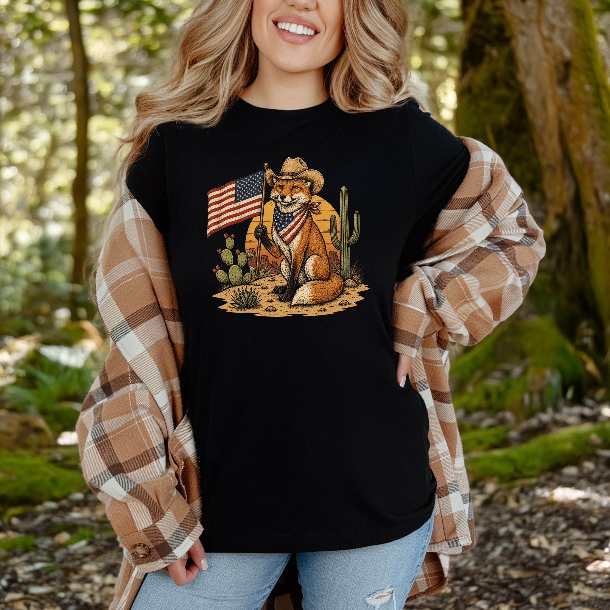 Fox of Freedom Patriotic Cowboy Desert Americana Graphic T-Shirt