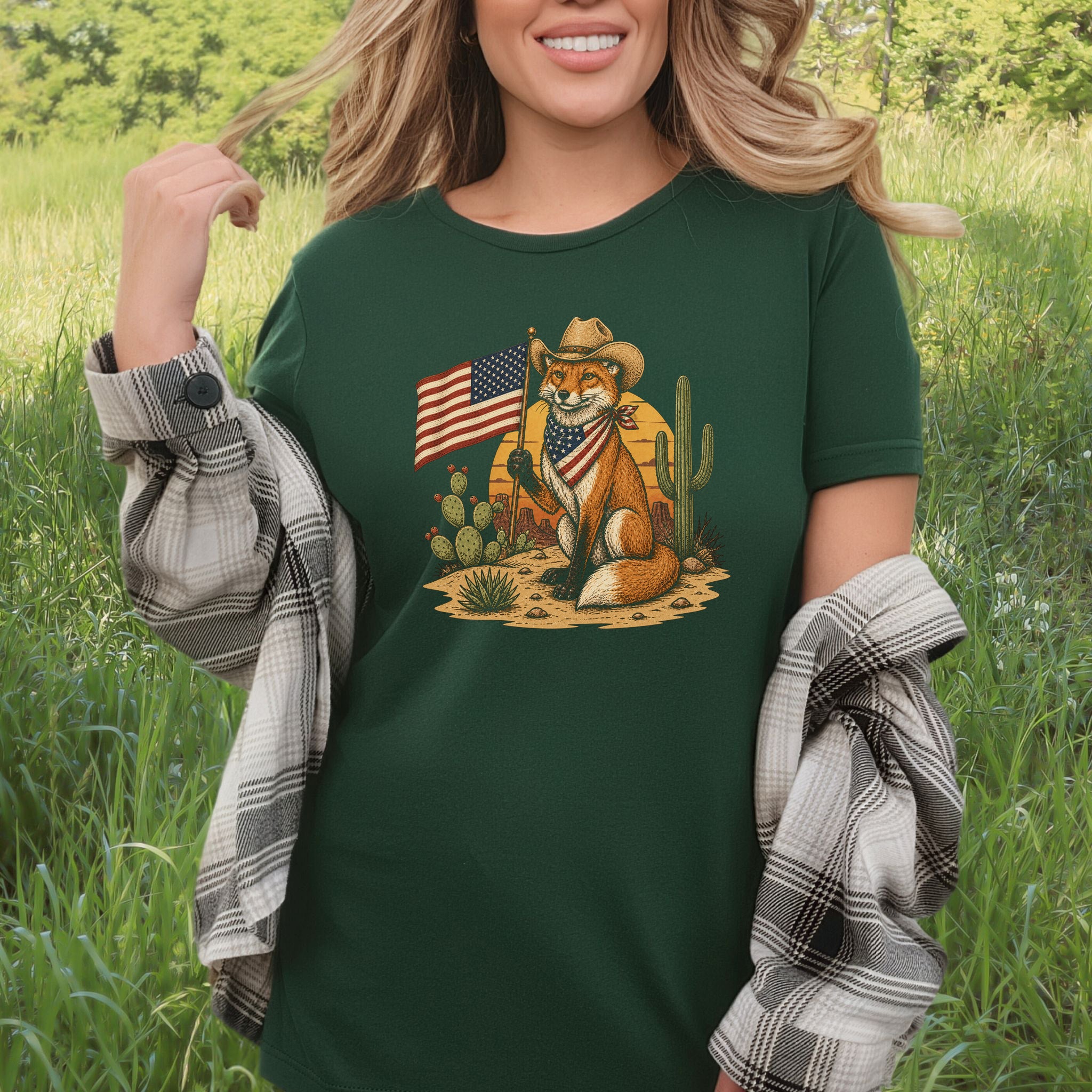 Fox of Freedom Patriotic Cowboy Desert Americana Graphic T-Shirt