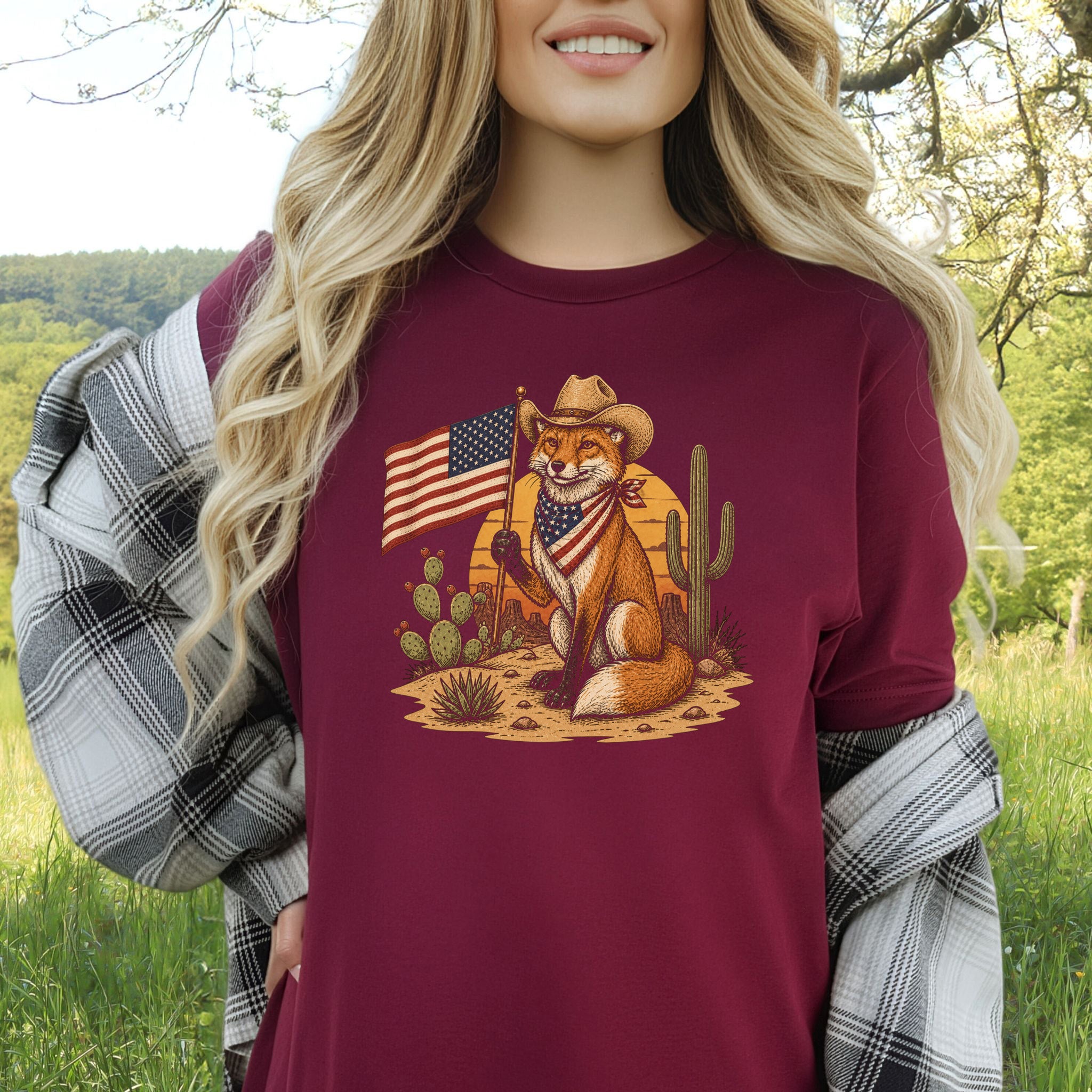 Fox of Freedom Patriotic Cowboy Desert Americana Graphic T-Shirt
