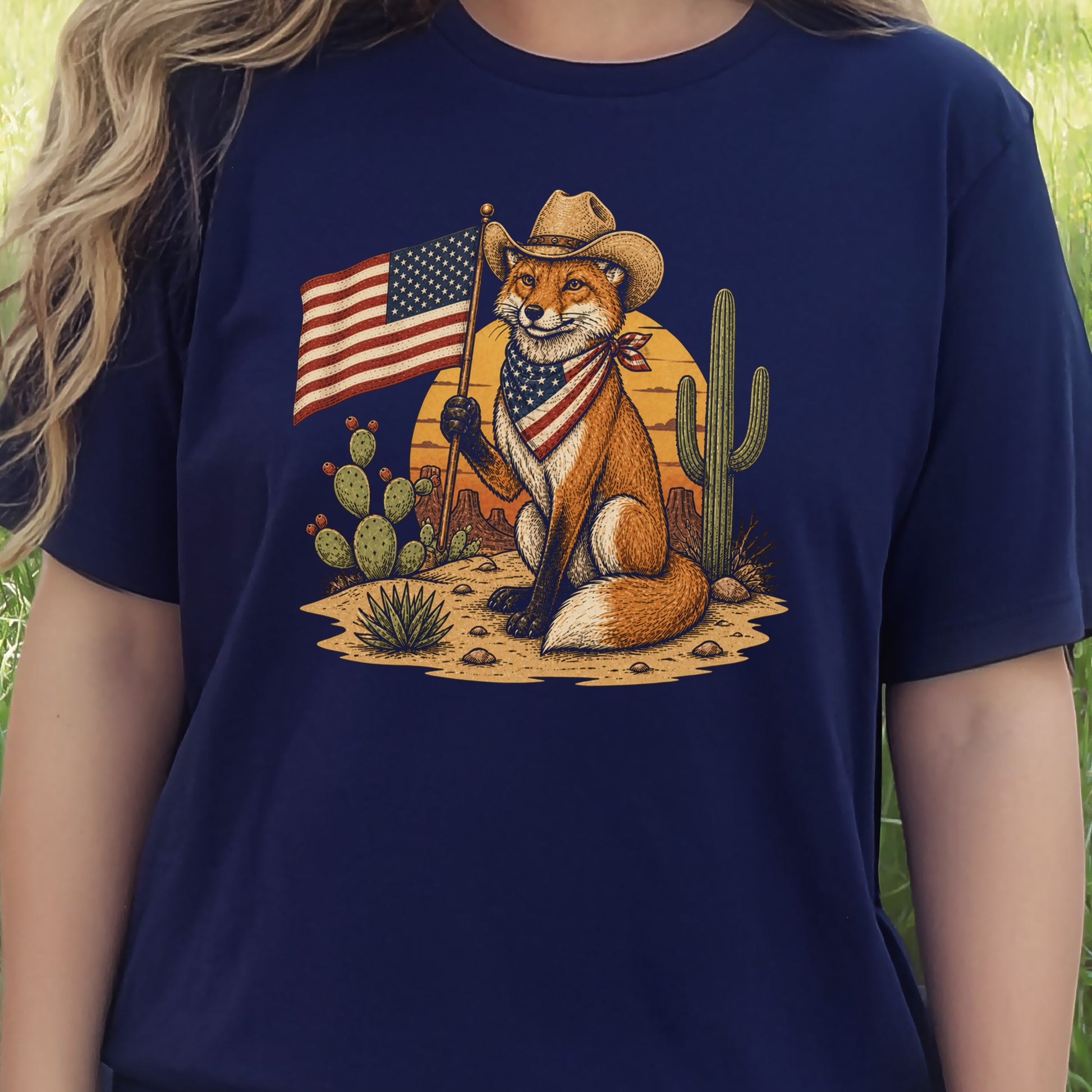 Fox of Freedom Patriotic Cowboy Desert Americana Graphic T-Shirt