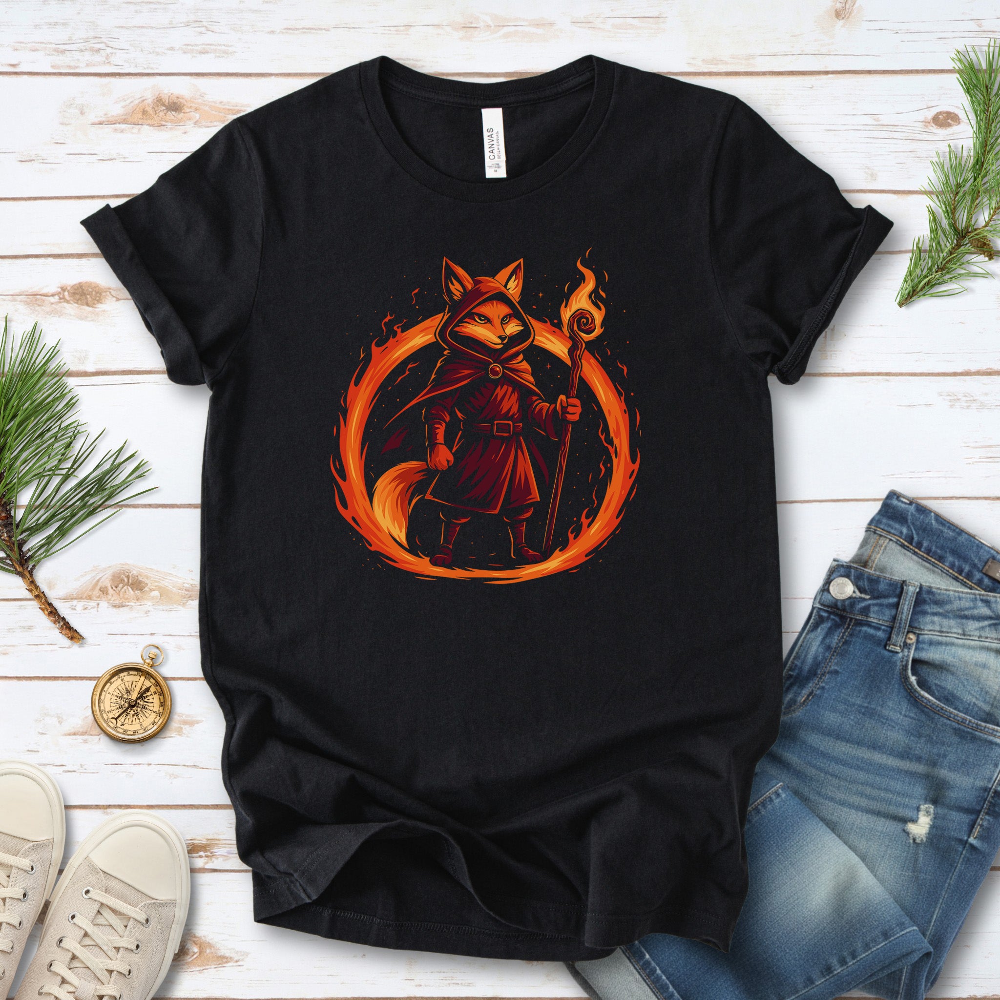 Flame Circle Fox Wizard Fantasy T-Shirt