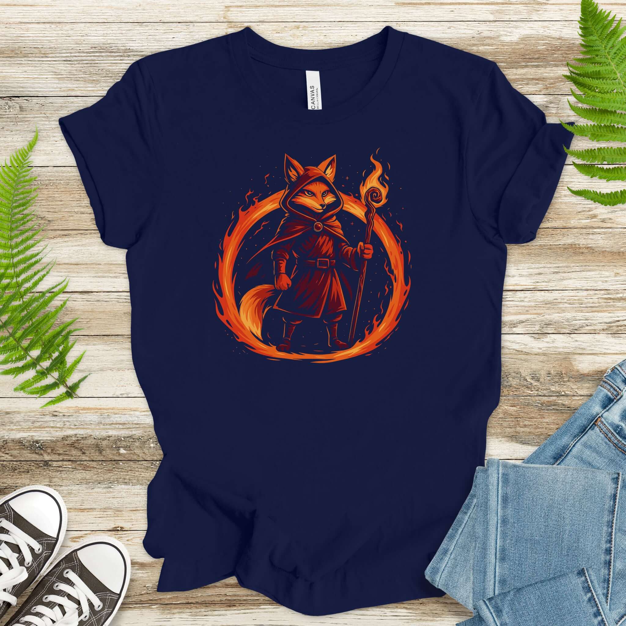 Flame Circle Fox Wizard Fantasy T-Shirt