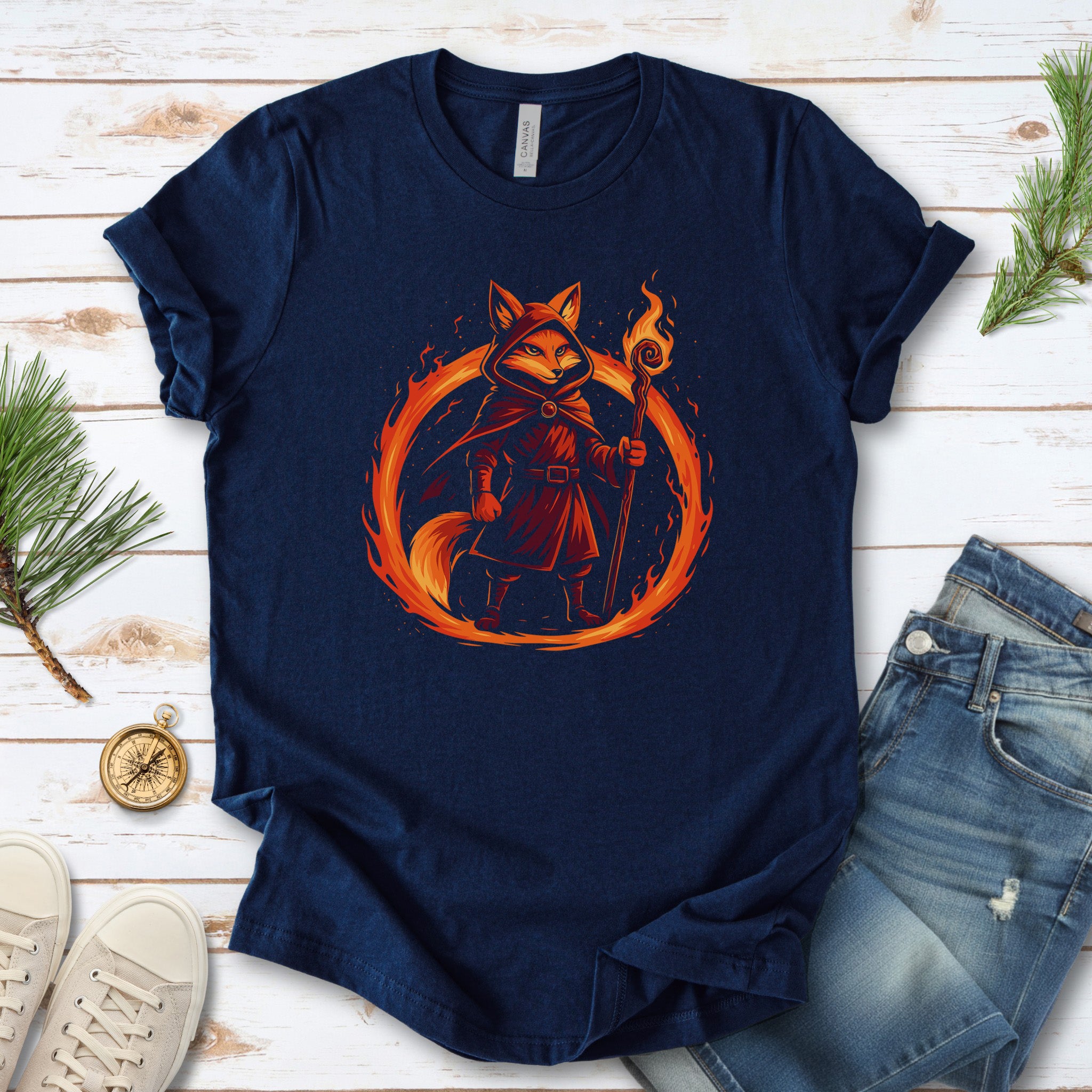 Flame Circle Fox Wizard Fantasy T-Shirt