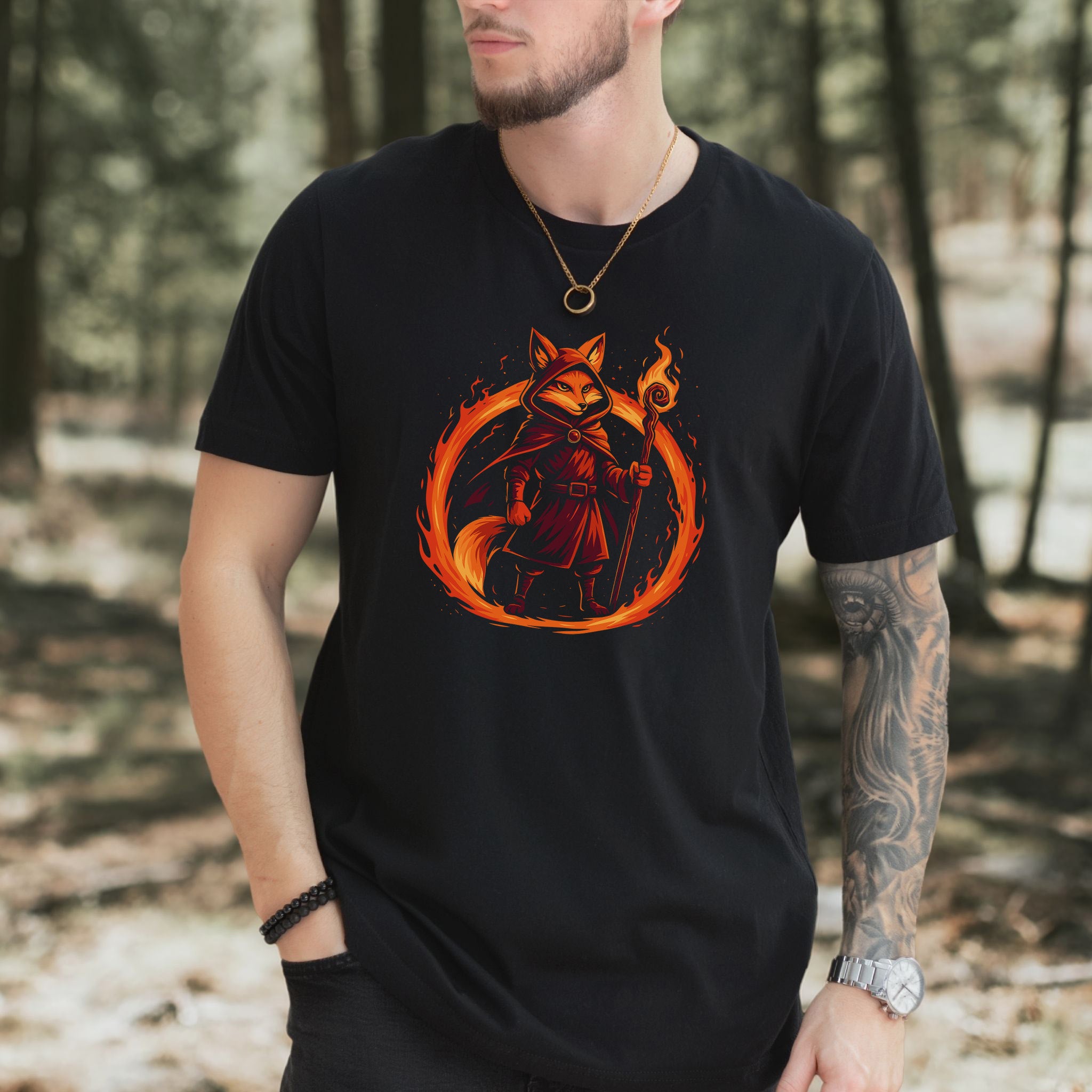 Flame Circle Fox Wizard Fantasy T-Shirt