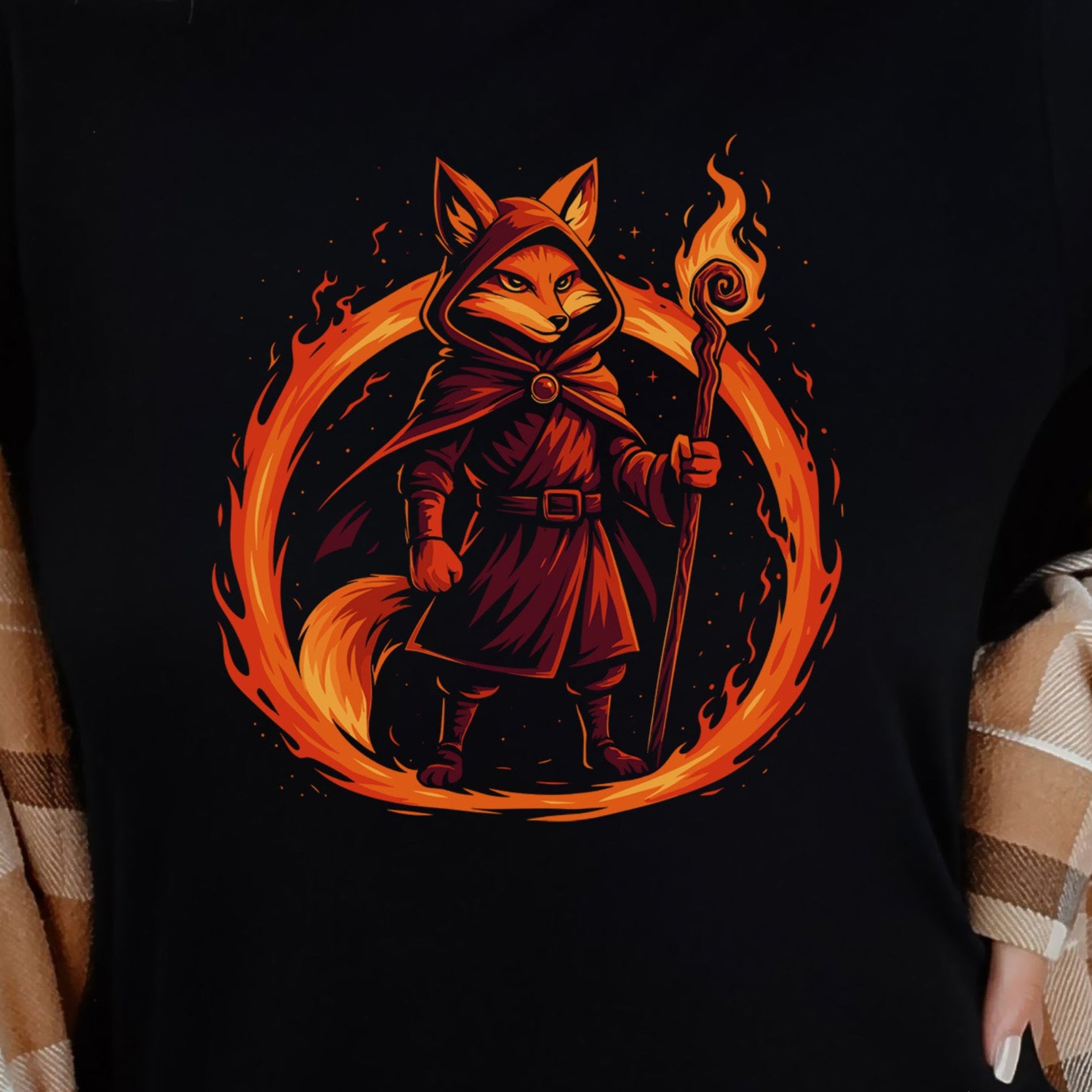 Flame Circle Fox Wizard Fantasy T-Shirt