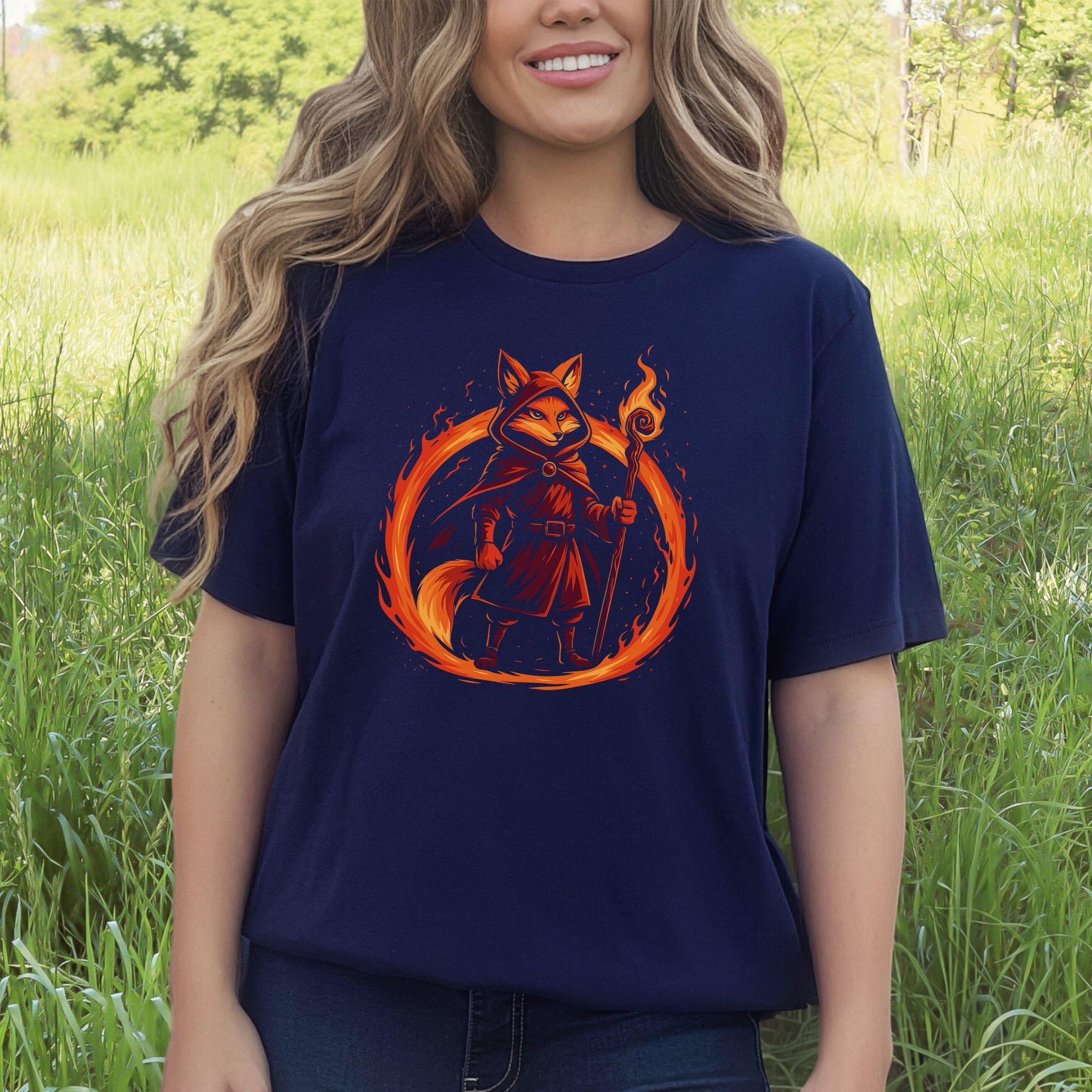 Flame Circle Fox Wizard Fantasy T-Shirt