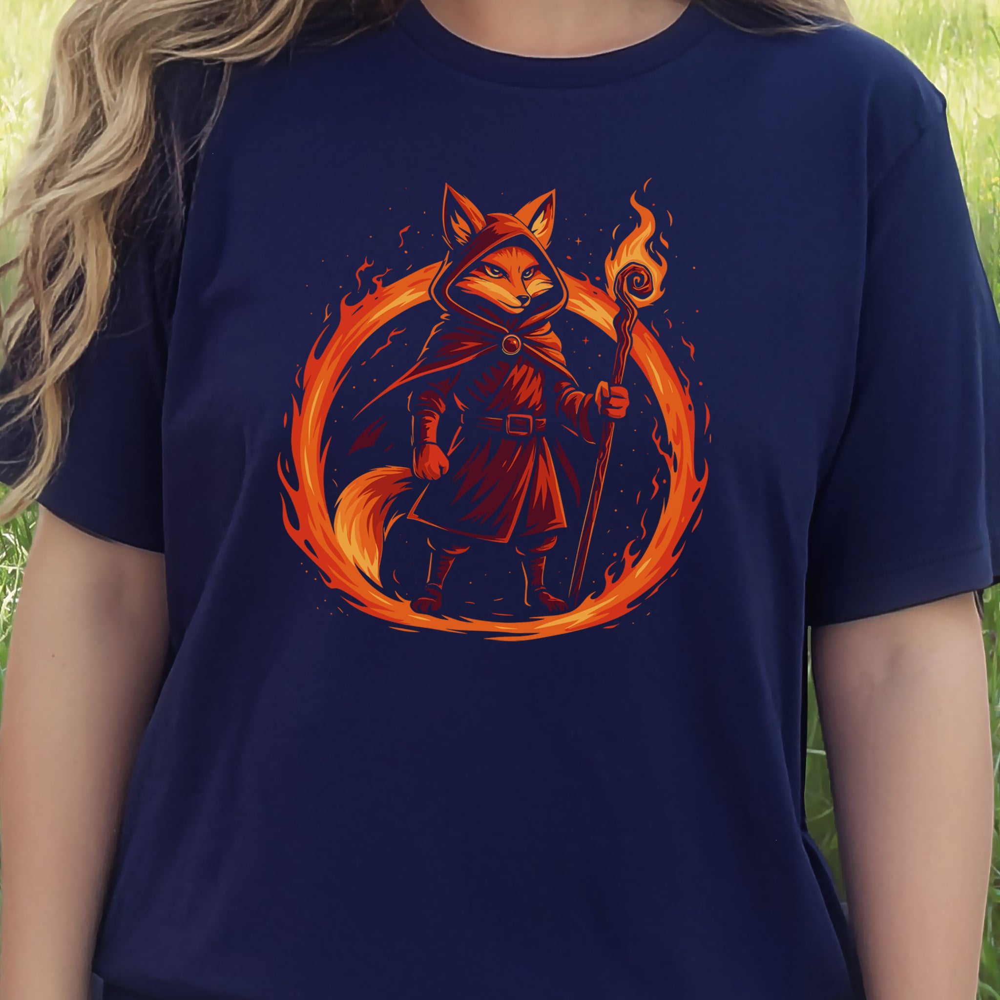 Flame Circle Fox Wizard Fantasy T-Shirt