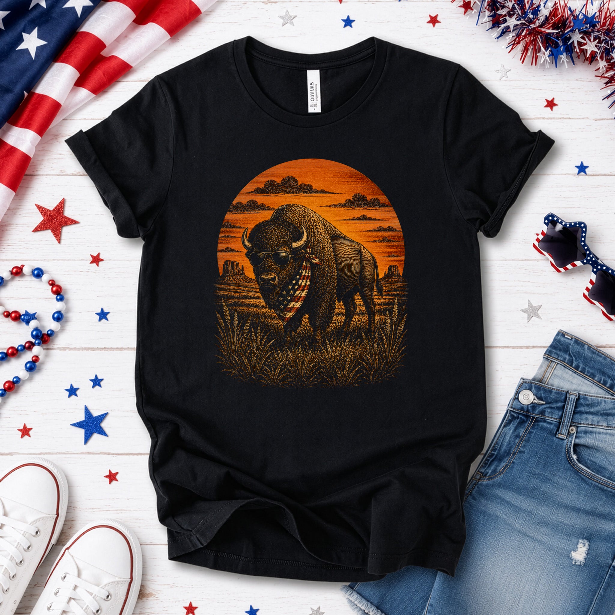 Freedom Bison Patriotic Buffalo Western Sunset Graphic T-Shirt