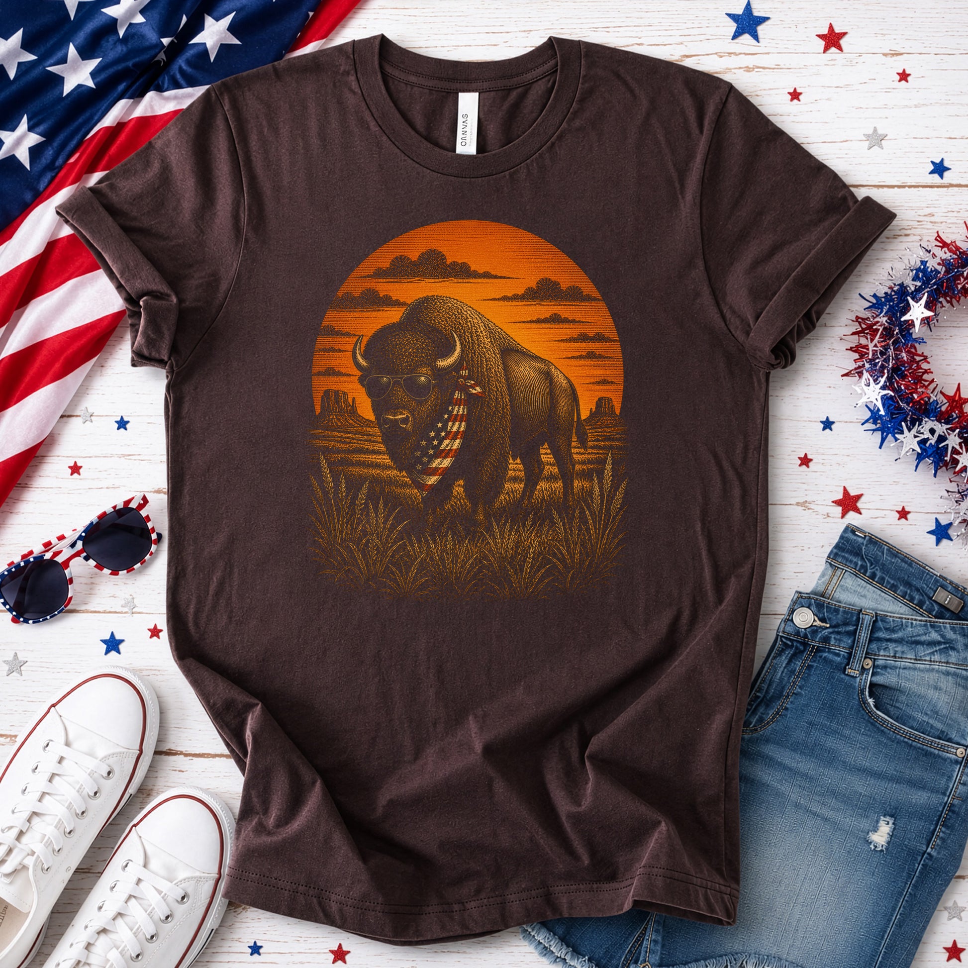 Freedom Bison Patriotic Buffalo Western Sunset Graphic T-Shirt