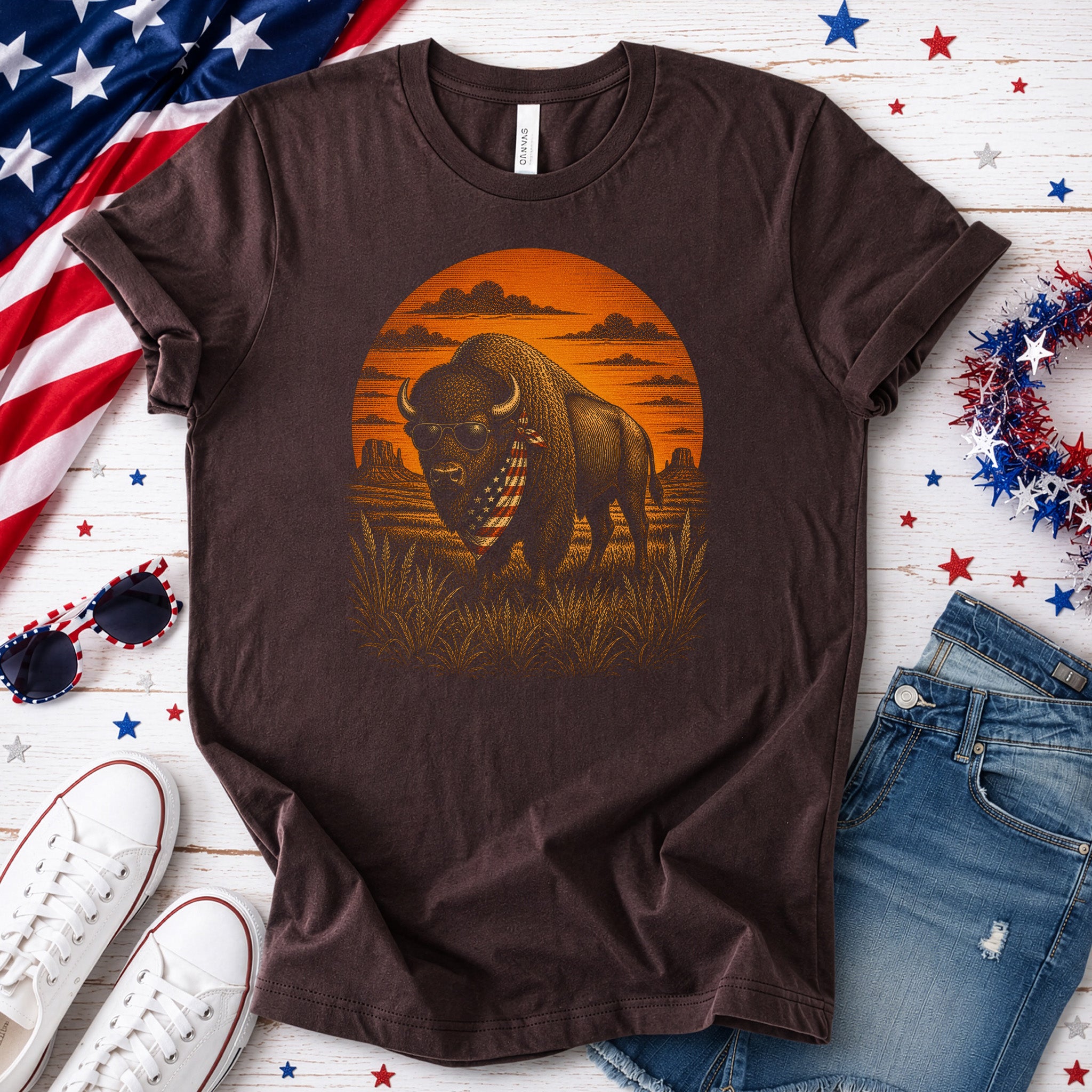 Freedom Bison Patriotic Buffalo Western Sunset Graphic T-Shirt