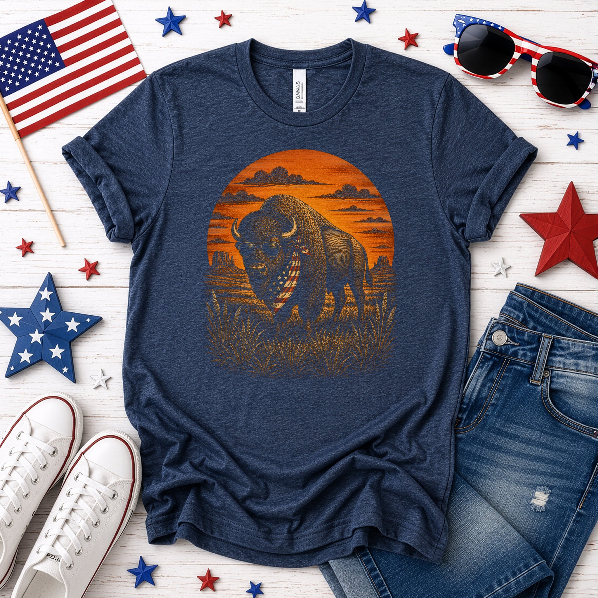 Freedom Bison Patriotic Buffalo Western Sunset Graphic T-Shirt