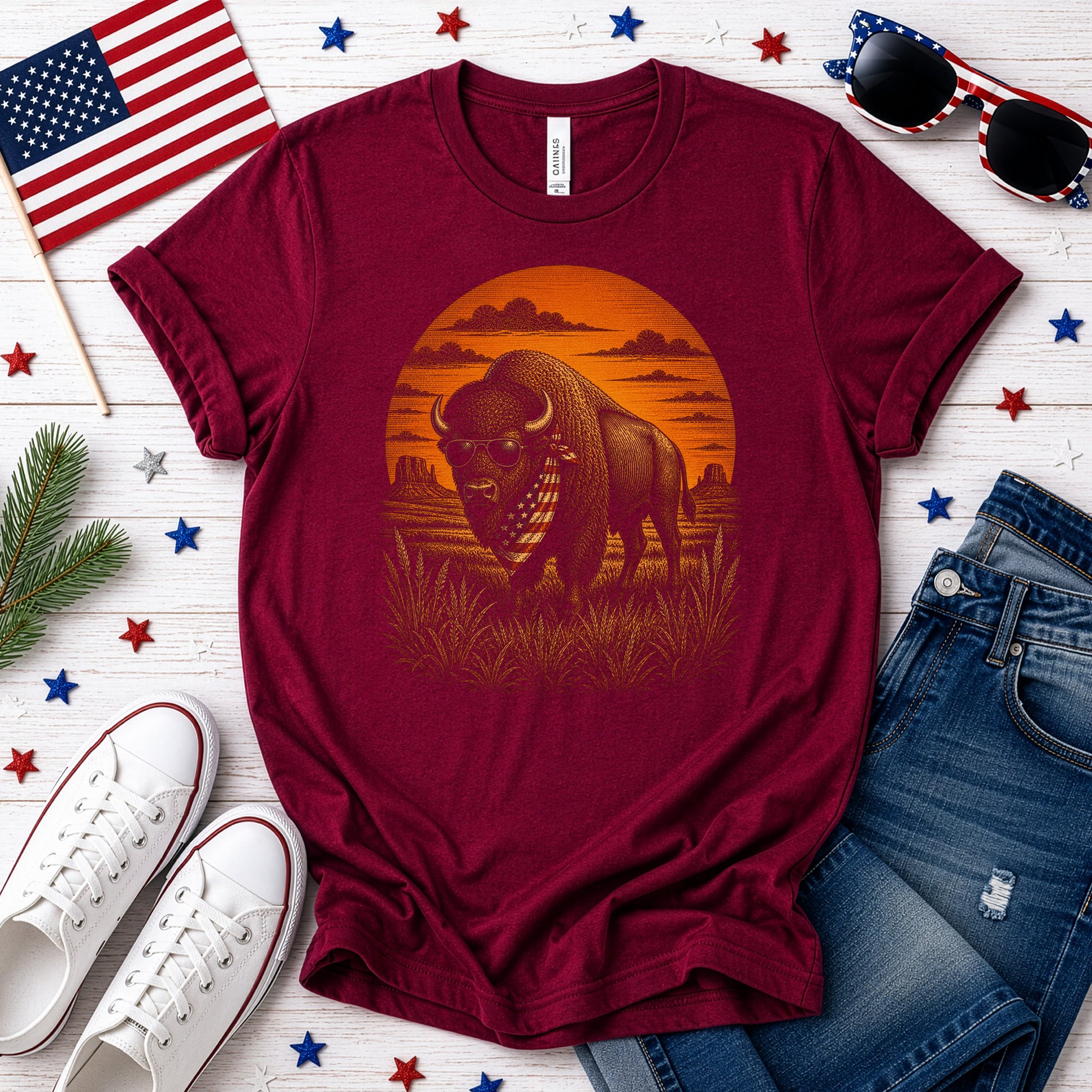 Freedom Bison Patriotic Buffalo Western Sunset Graphic T-Shirt