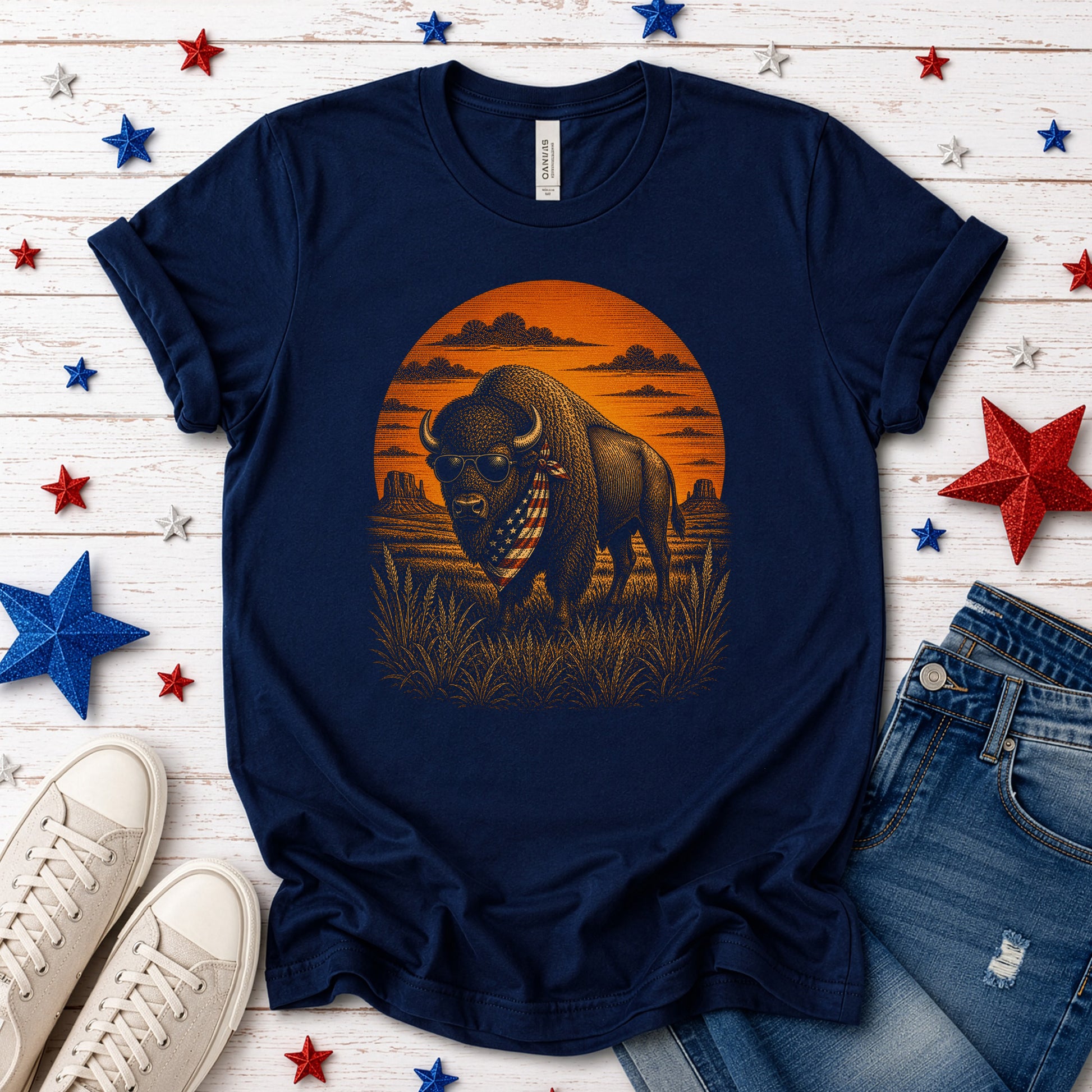 Freedom Bison Patriotic Buffalo Western Sunset Graphic T-Shirt