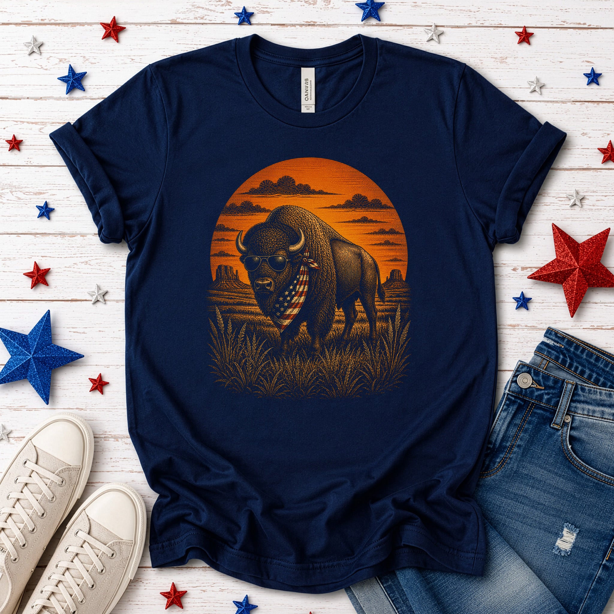 Freedom Bison Patriotic Buffalo Western Sunset Graphic T-Shirt