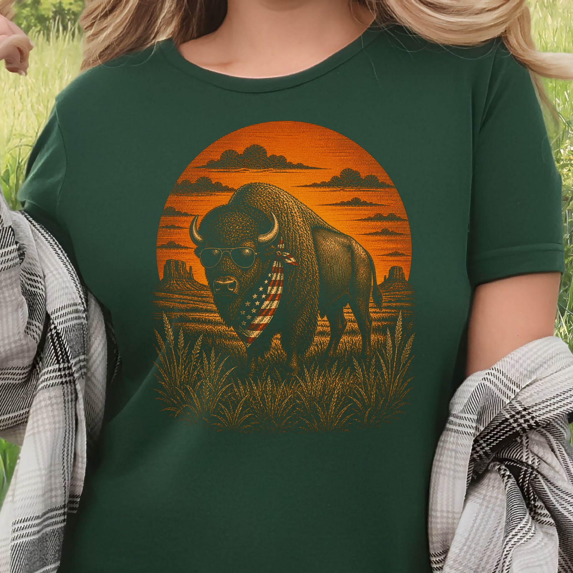 Freedom Bison Patriotic Buffalo Western Sunset Graphic T-Shirt