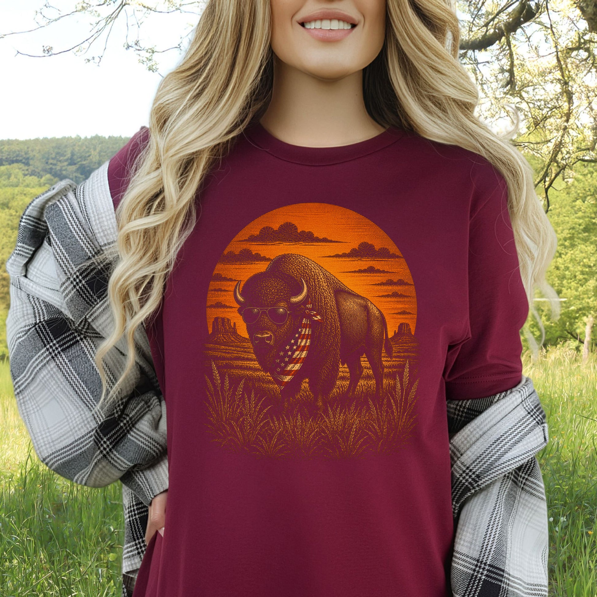 Freedom Bison Patriotic Buffalo Western Sunset Graphic T-Shirt