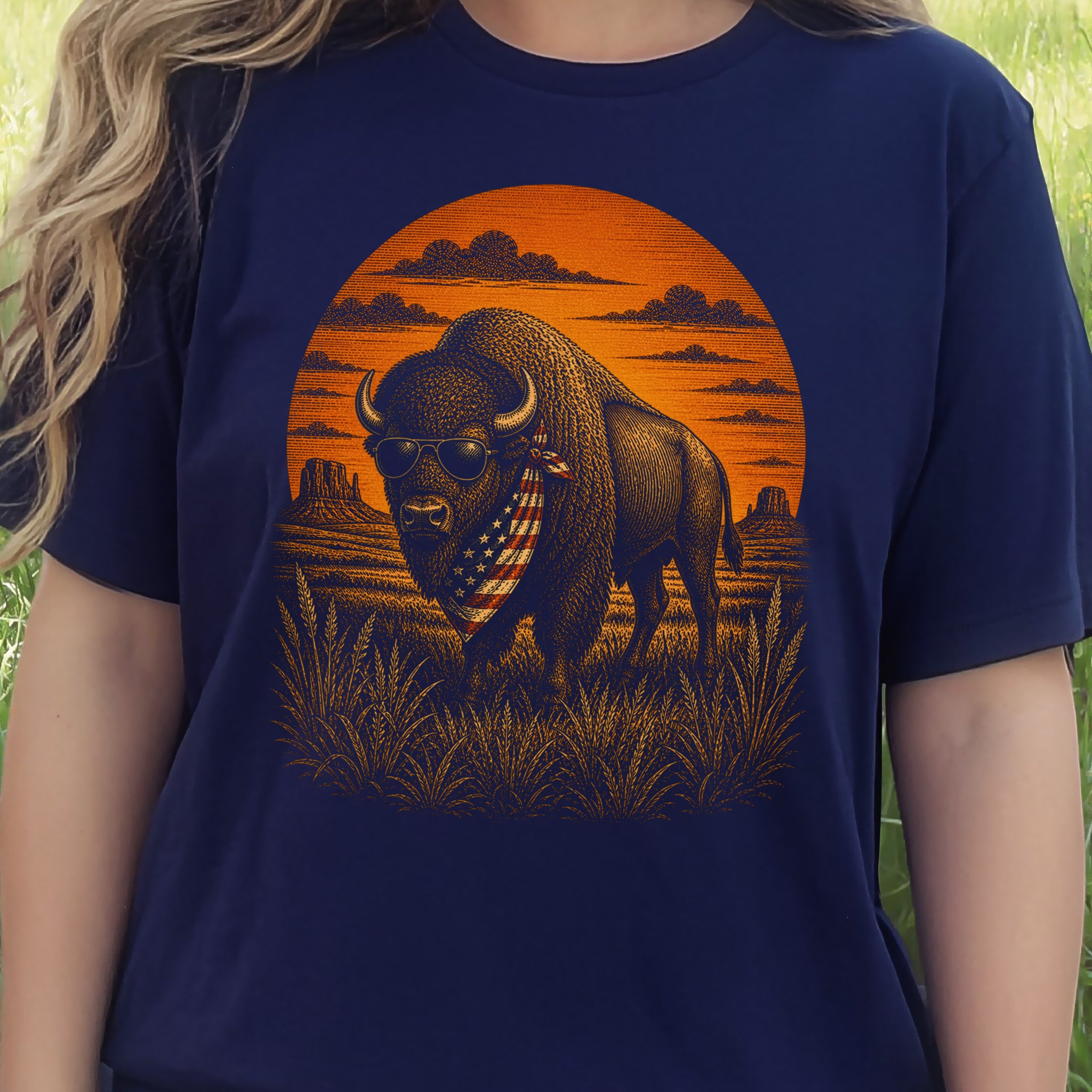 Freedom Bison Patriotic Buffalo Western Sunset Graphic T-Shirt