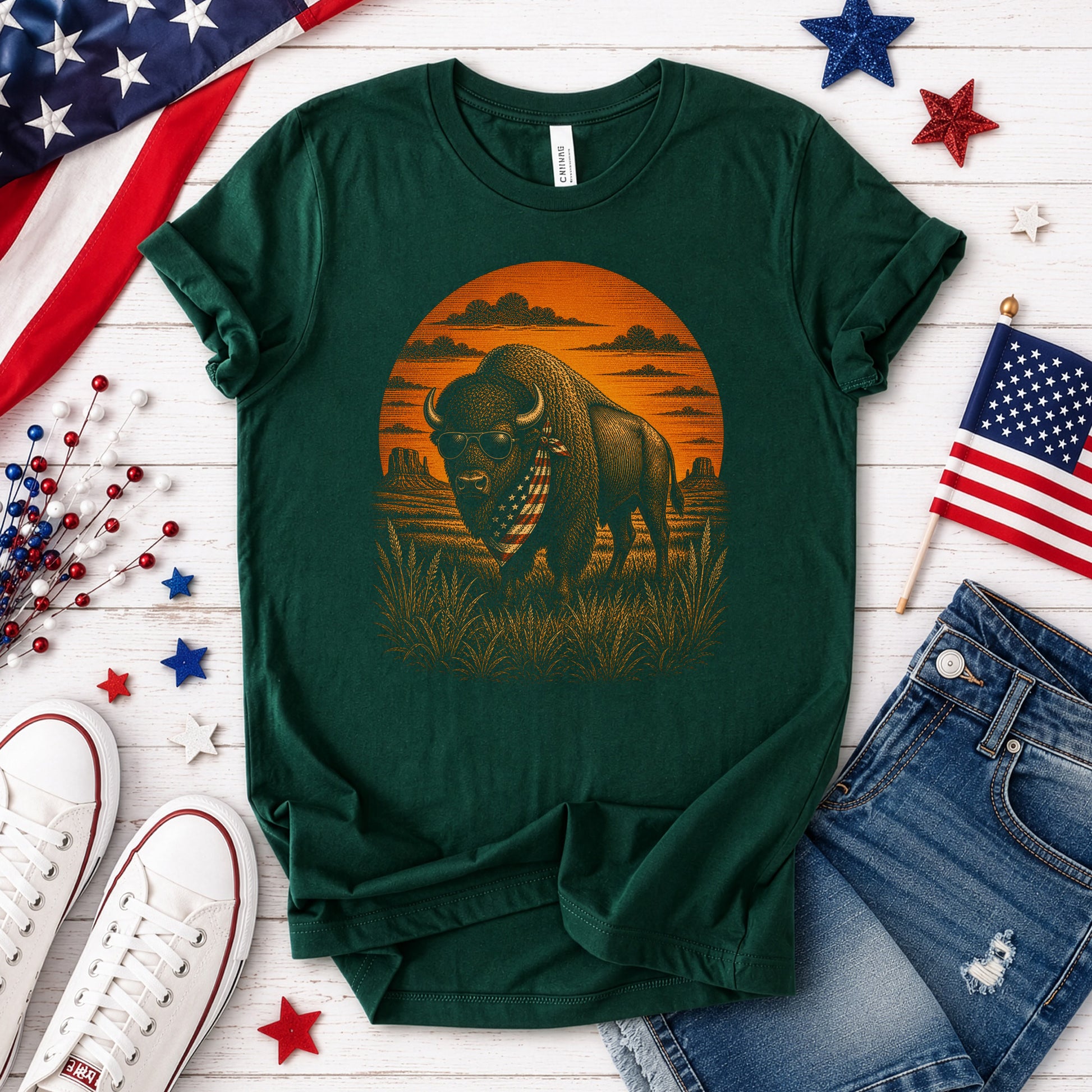 Freedom Bison Patriotic Buffalo Western Sunset Graphic T-Shirt