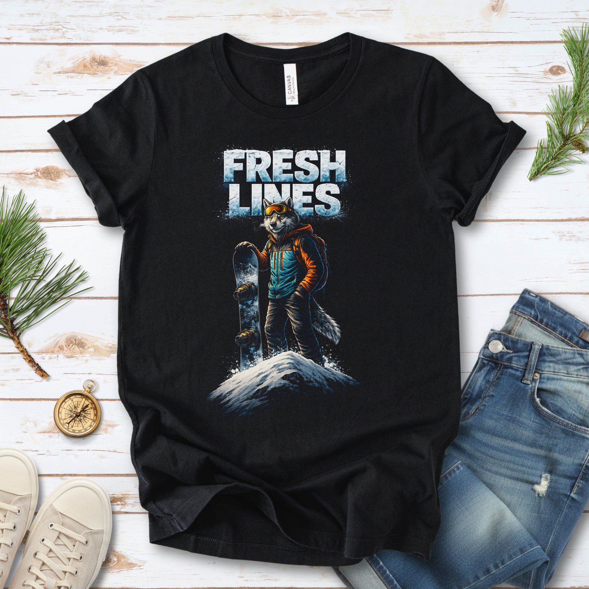 Fresh Lines Retro Snowboarding Wolf Winter Adventure T-Shirt