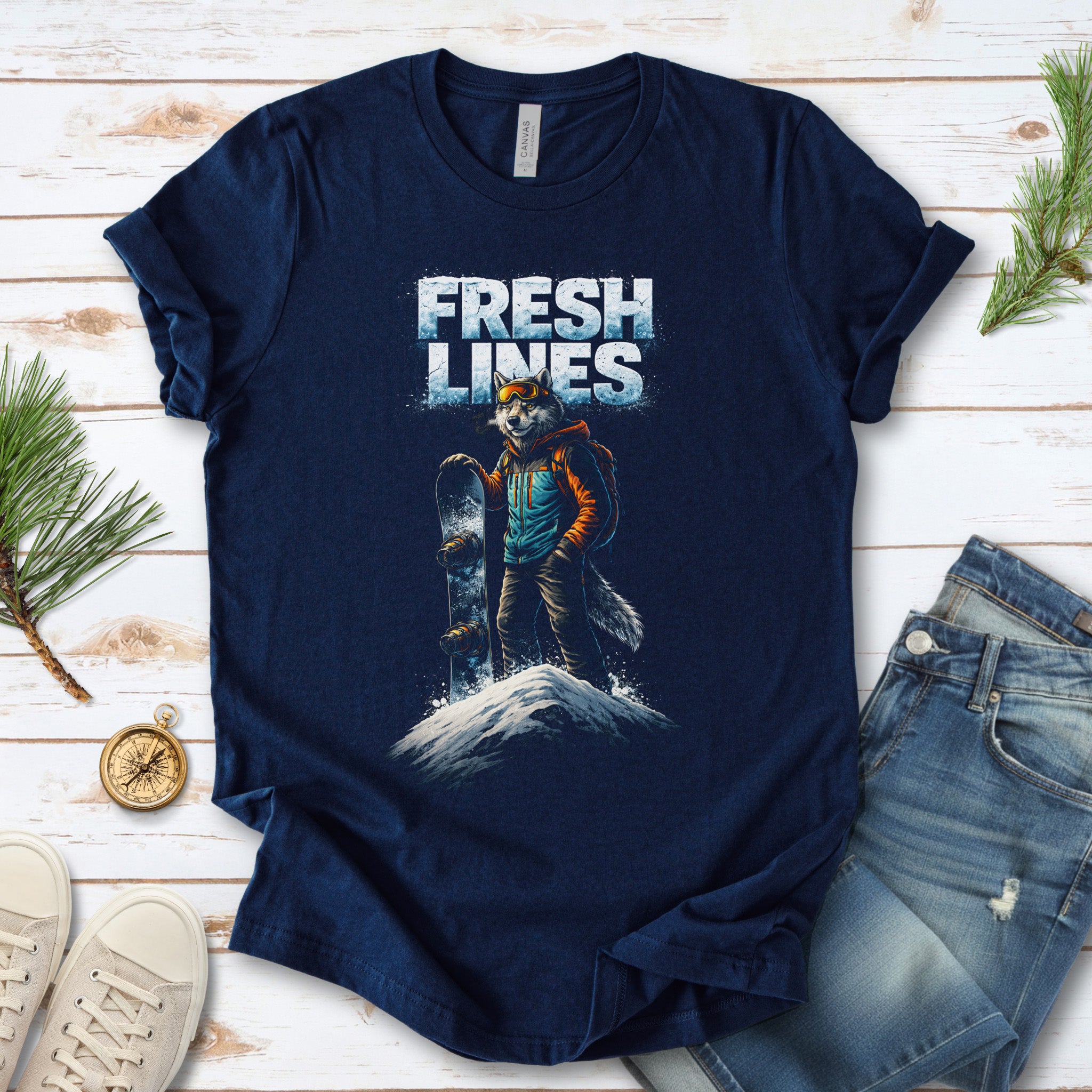 Fresh Lines Retro Snowboarding Wolf Winter Adventure T-Shirt