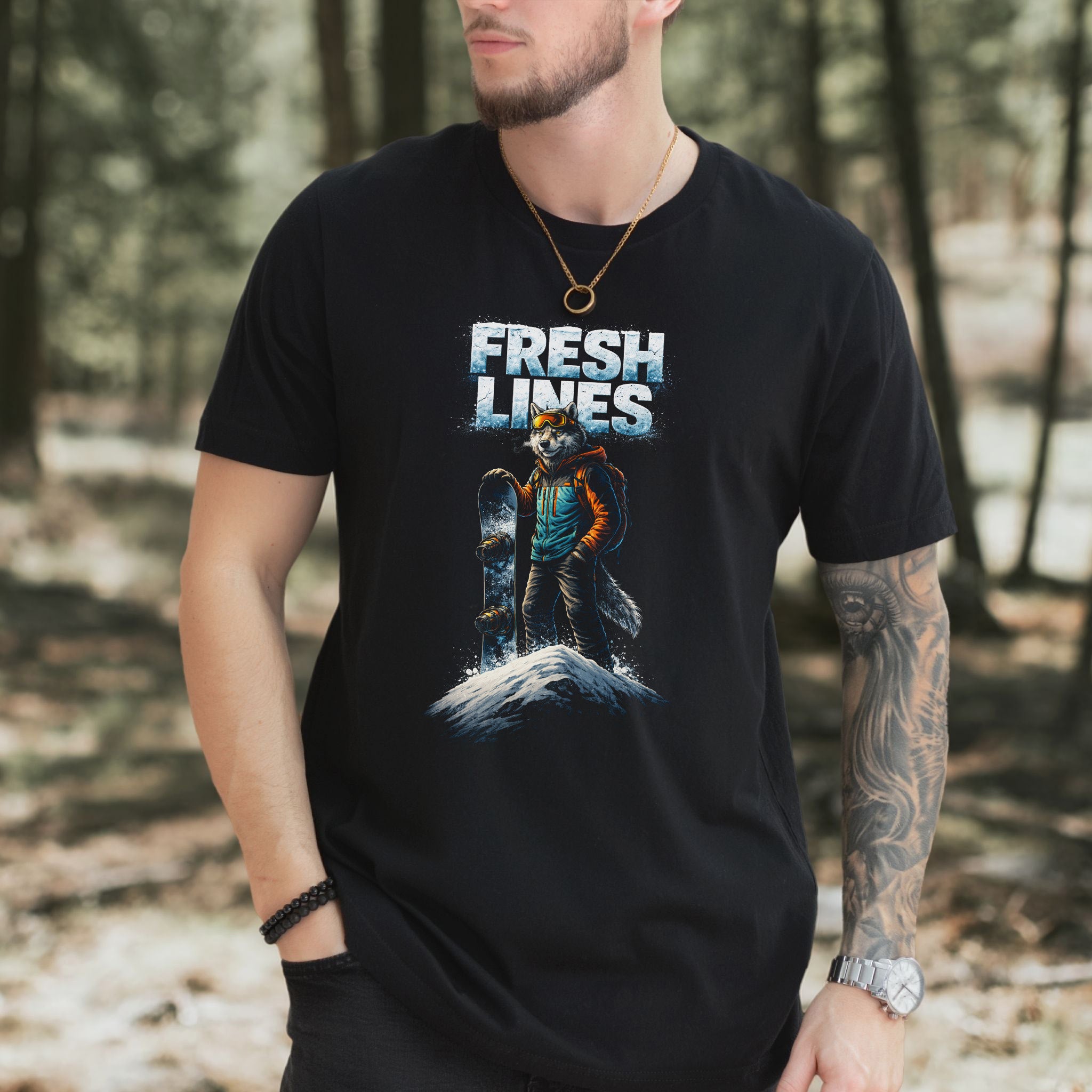 Fresh Lines Retro Snowboarding Wolf Winter Adventure T-Shirt