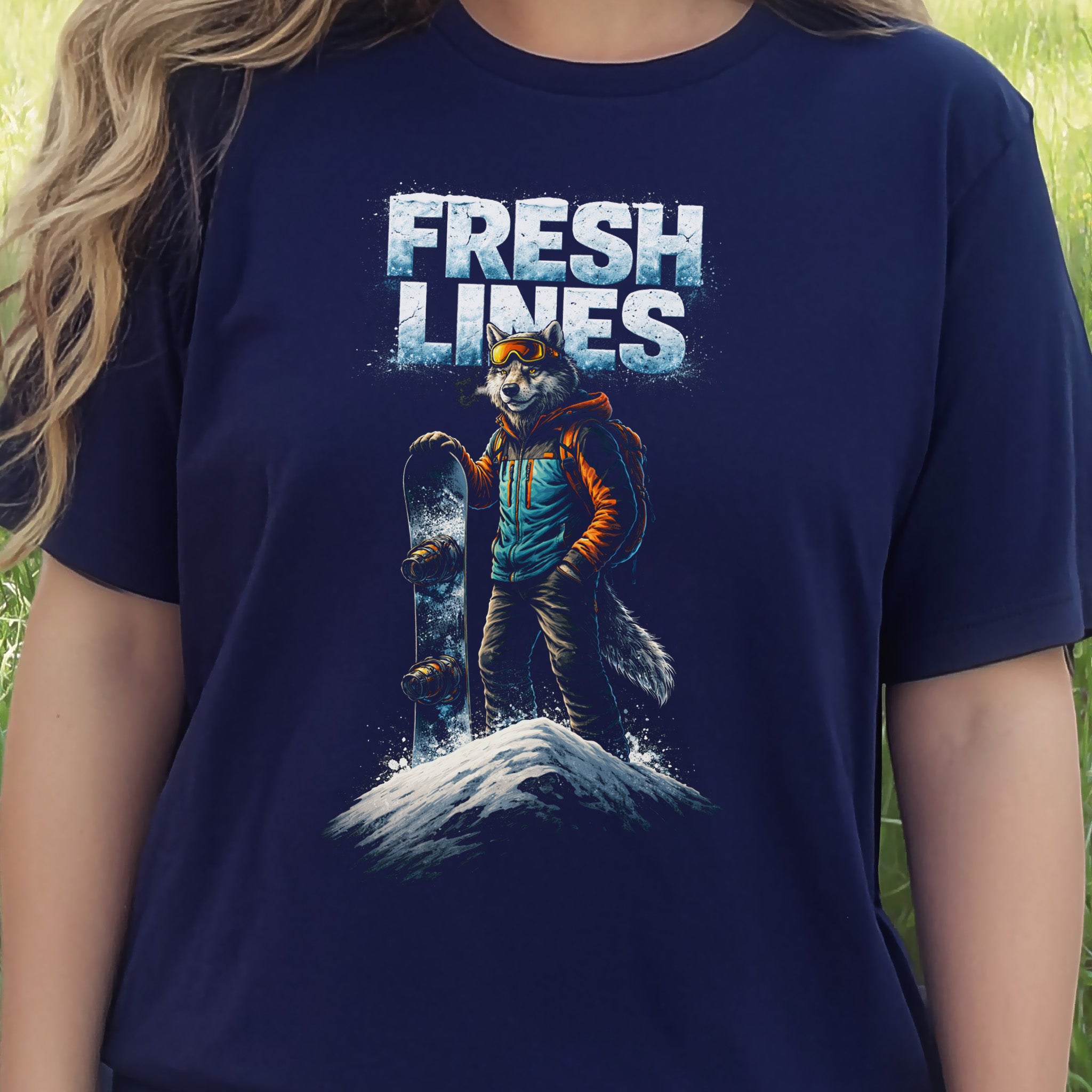 Fresh Lines Retro Snowboarding Wolf Winter Adventure T-Shirt