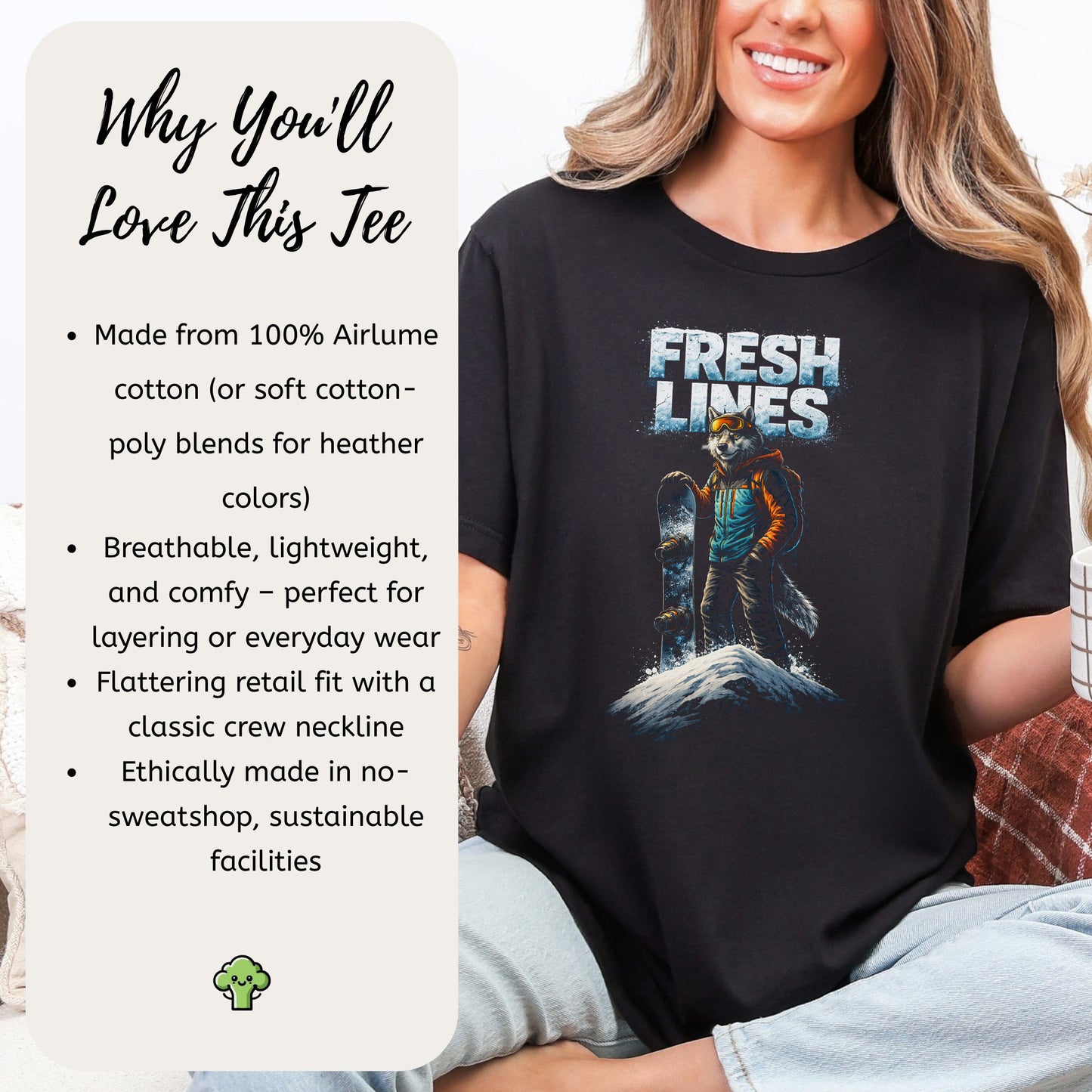 Fresh Lines Retro Snowboarding Wolf Winter Adventure T-Shirt