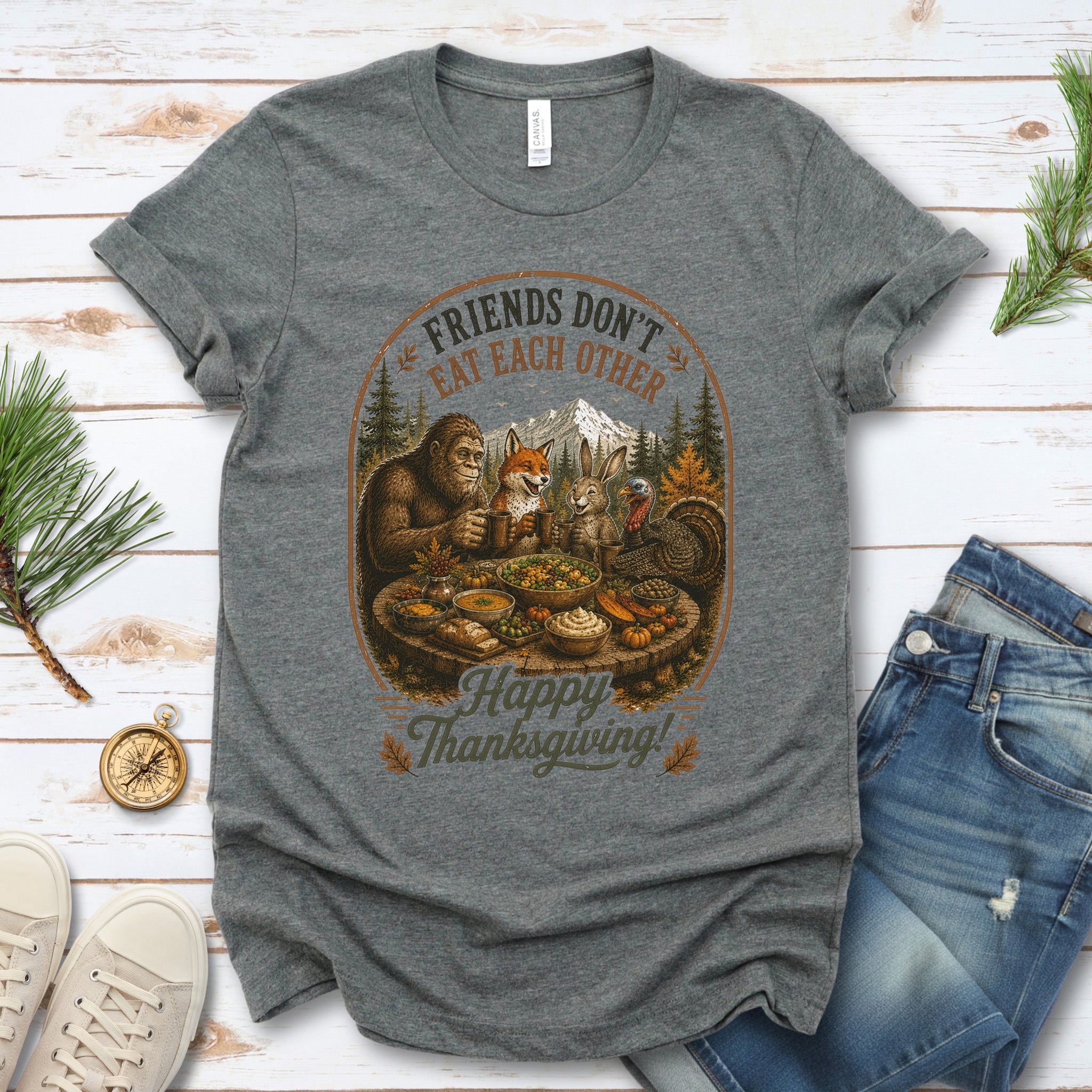 Friends Don’t Eat Each Other Funny Vegan Thanksgiving Bigfoot T-Shirt