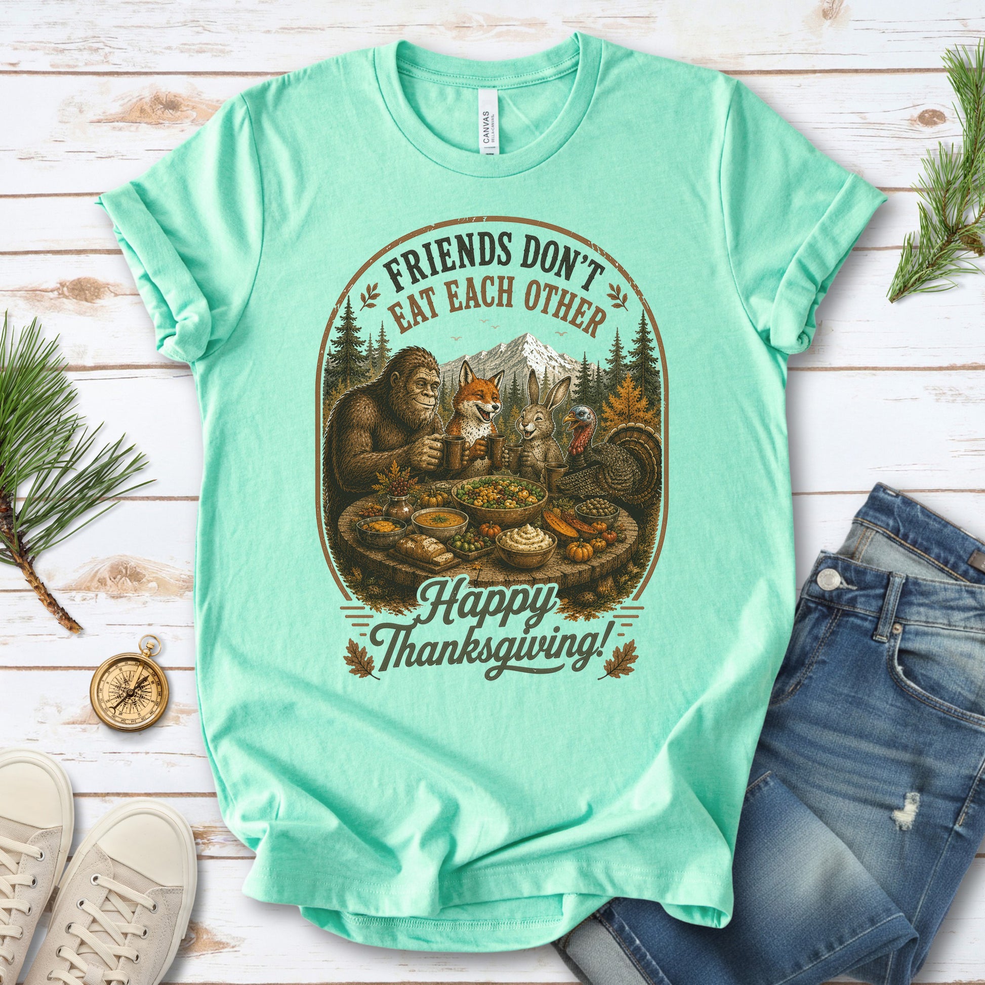 Friends Don’t Eat Each Other Funny Vegan Thanksgiving Bigfoot T-Shirt