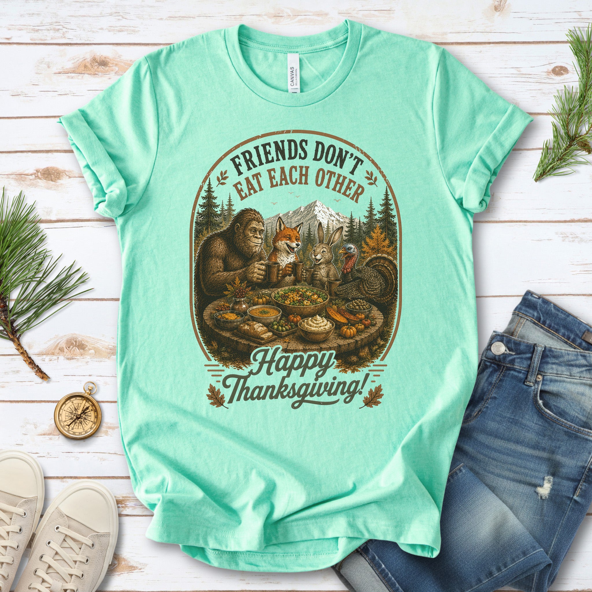 Friends Don’t Eat Each Other Funny Vegan Thanksgiving Bigfoot T-Shirt