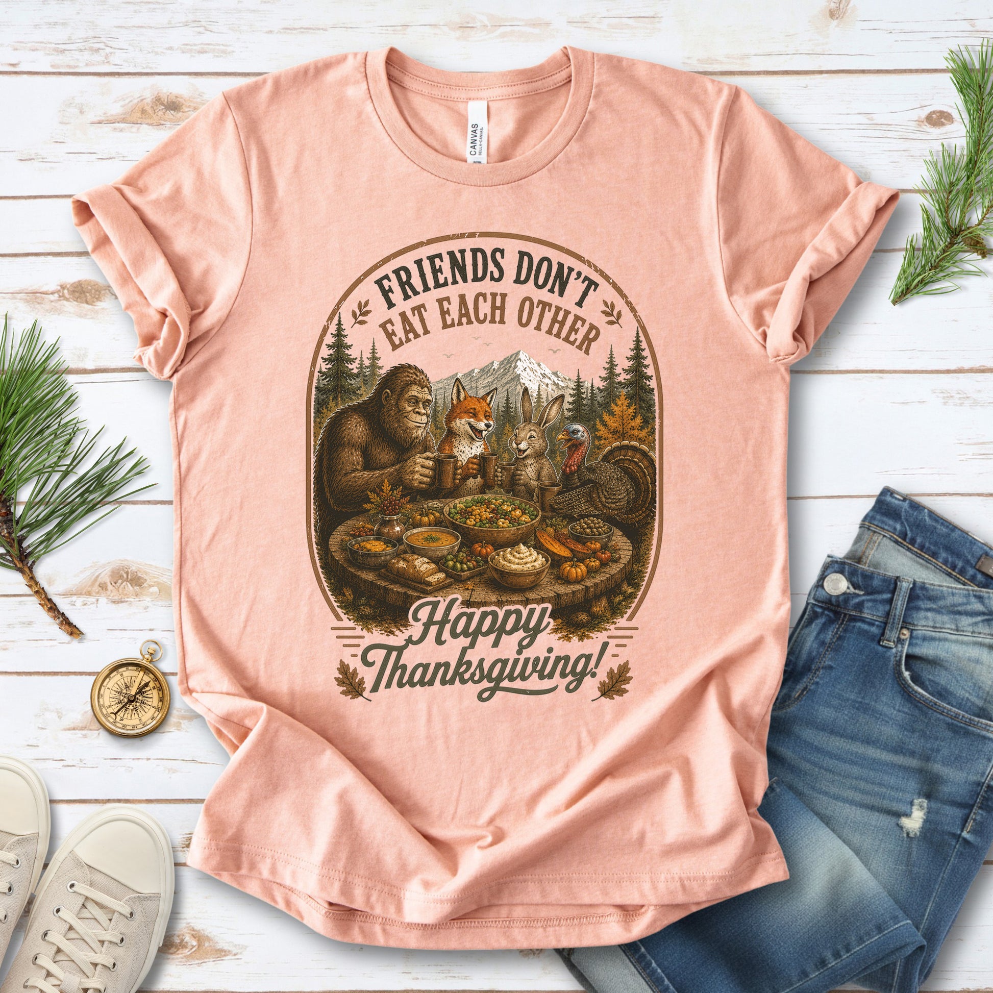Friends Don’t Eat Each Other Funny Vegan Thanksgiving Bigfoot T-Shirt