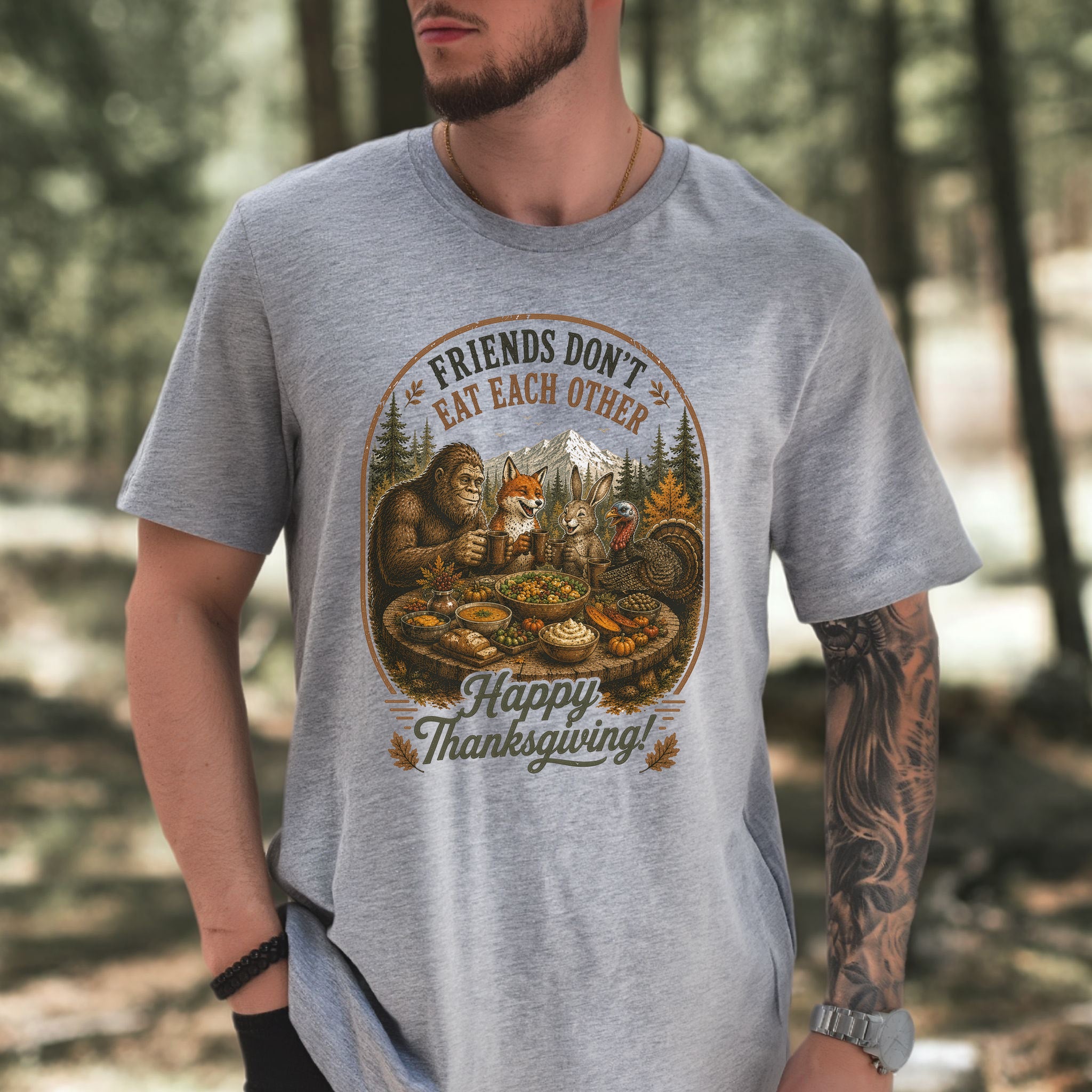 Friends Don’t Eat Each Other Funny Vegan Thanksgiving Bigfoot T-Shirt