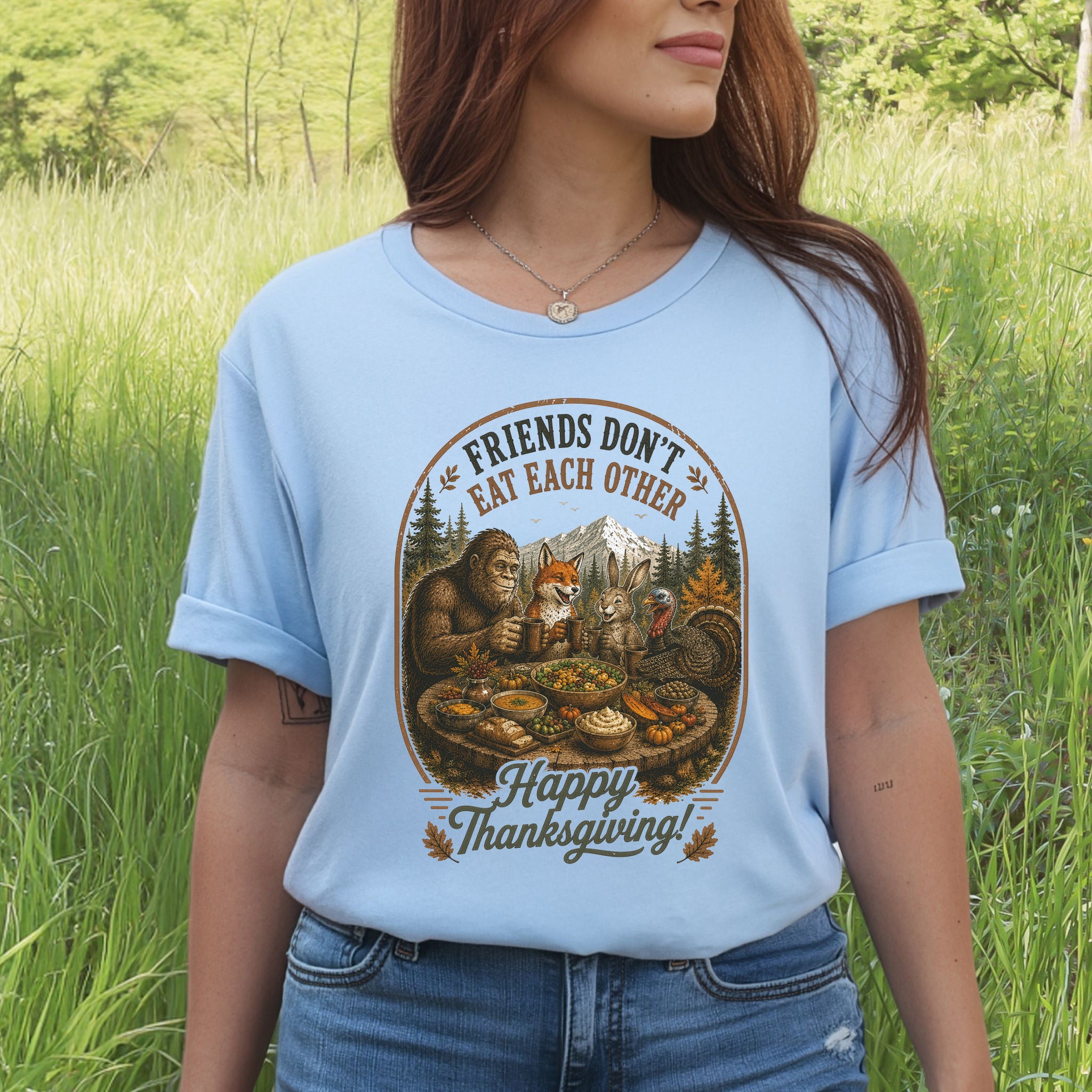 Friends Don’t Eat Each Other Funny Vegan Thanksgiving Bigfoot T-Shirt