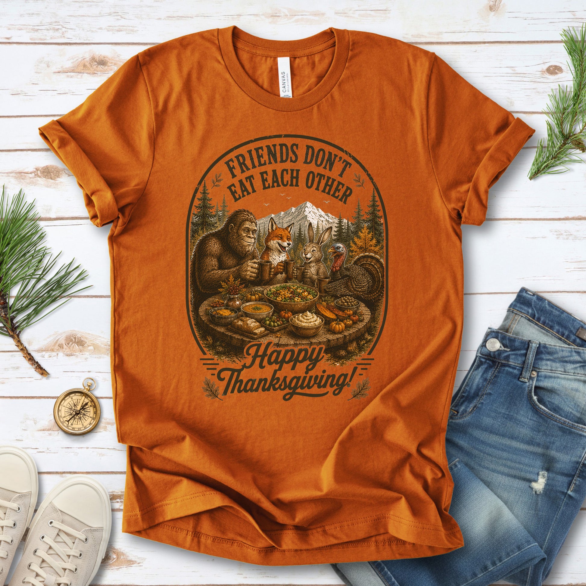 Friends Don’t Eat Each Other Funny Vegan Thanksgiving Bigfoot T-Shirt