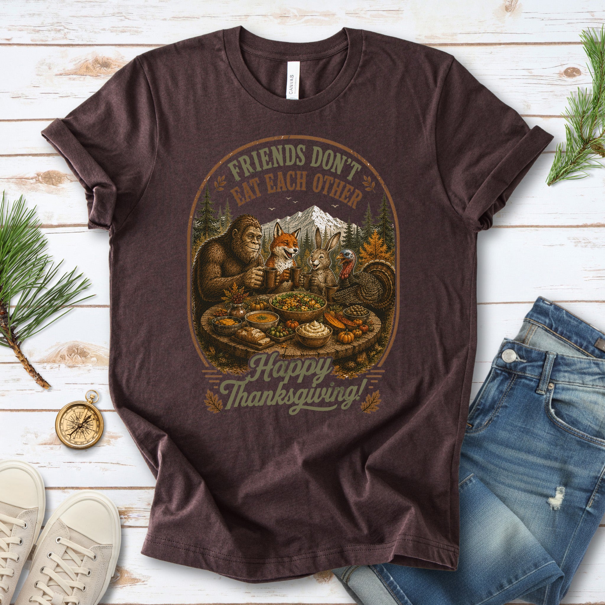 Friends Don’t Eat Each Other Funny Vegan Thanksgiving Bigfoot T-Shirt