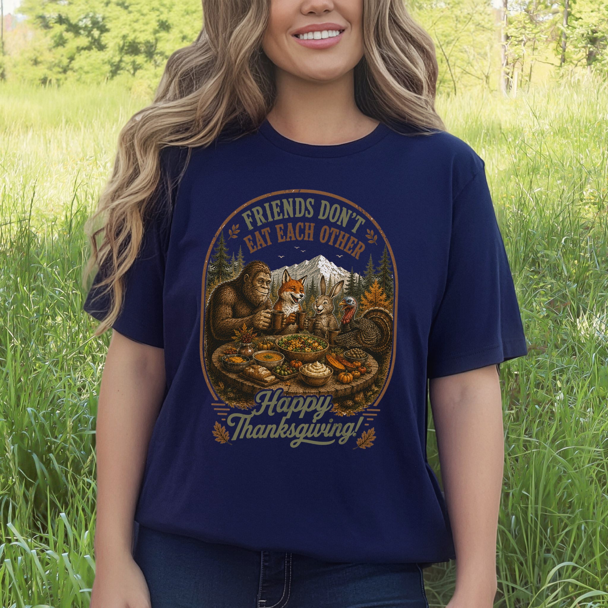 Friends Don’t Eat Each Other Funny Vegan Thanksgiving Bigfoot T-Shirt