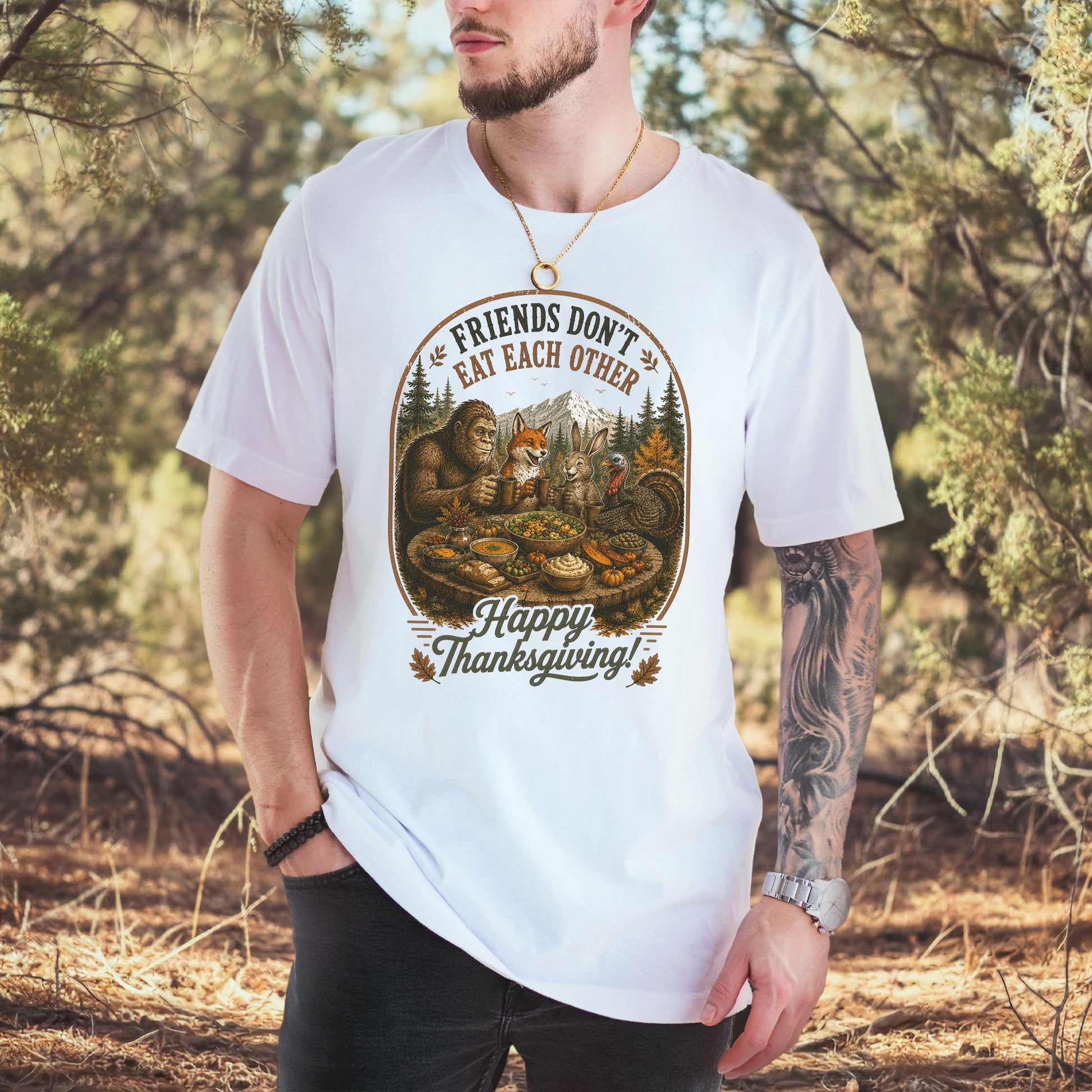 Friends Don’t Eat Each Other Funny Vegan Thanksgiving Bigfoot T-Shirt