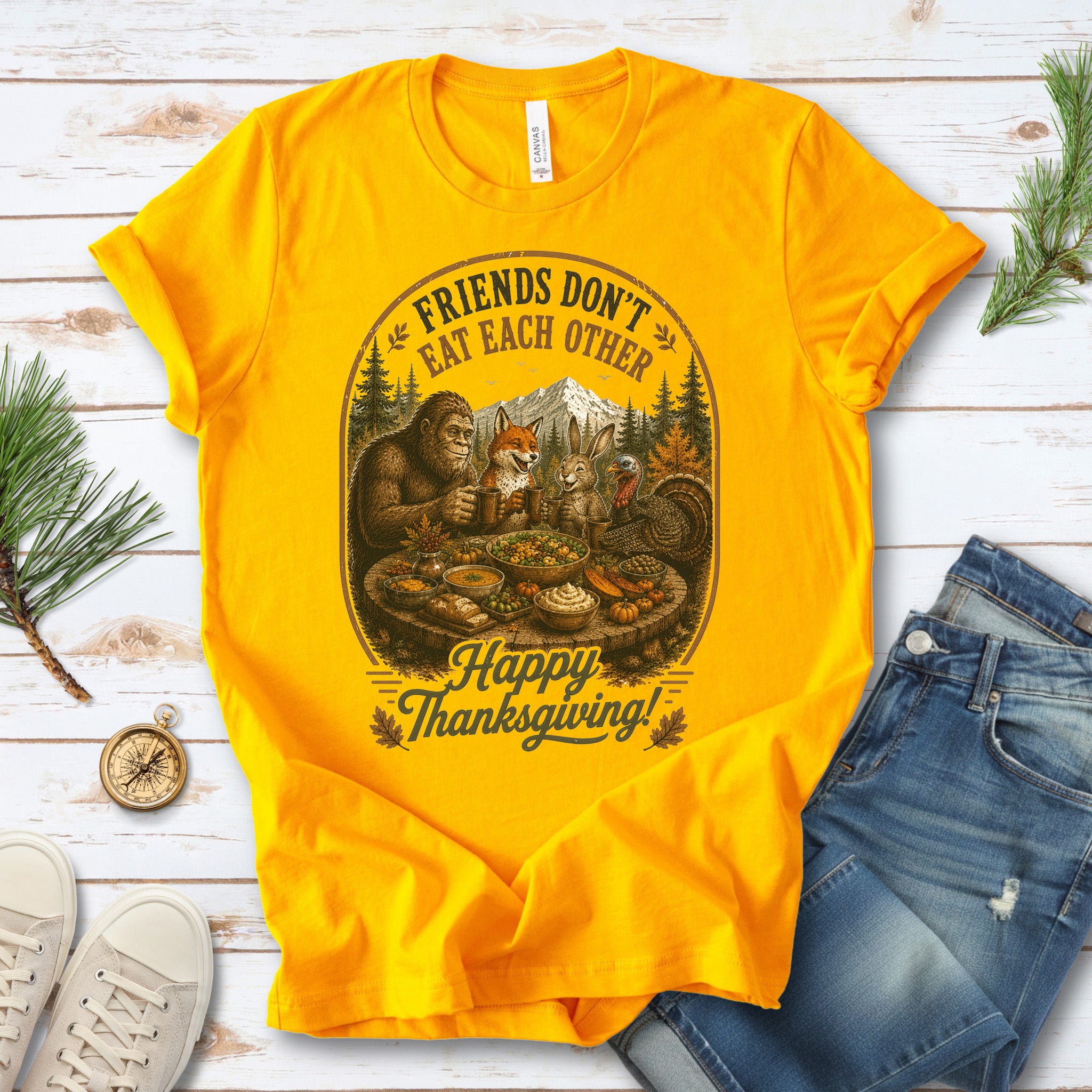 Friends Don’t Eat Each Other Funny Vegan Thanksgiving Bigfoot T-Shirt