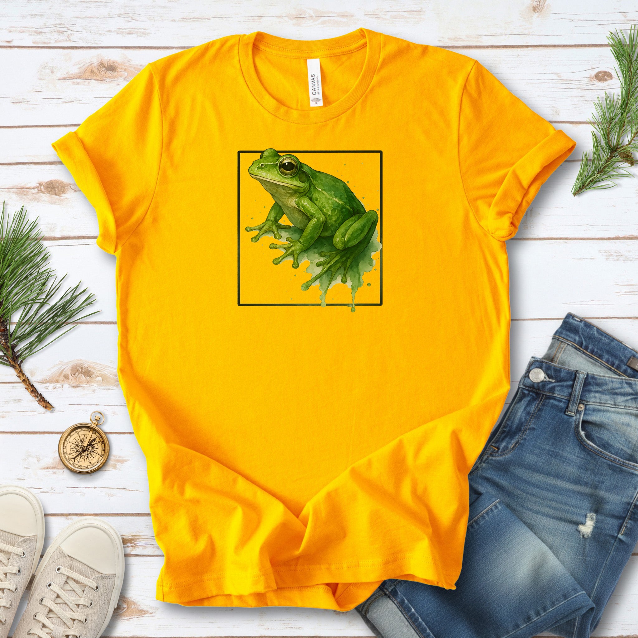 Frog Watercolor Style T-Shirt – Vibrant Green Nature Vibes
