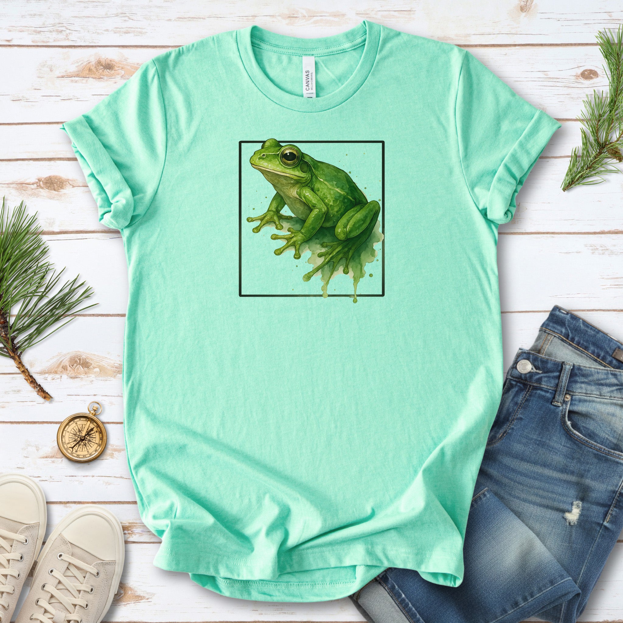 Frog Watercolor Style T-Shirt – Vibrant Green Nature Vibes