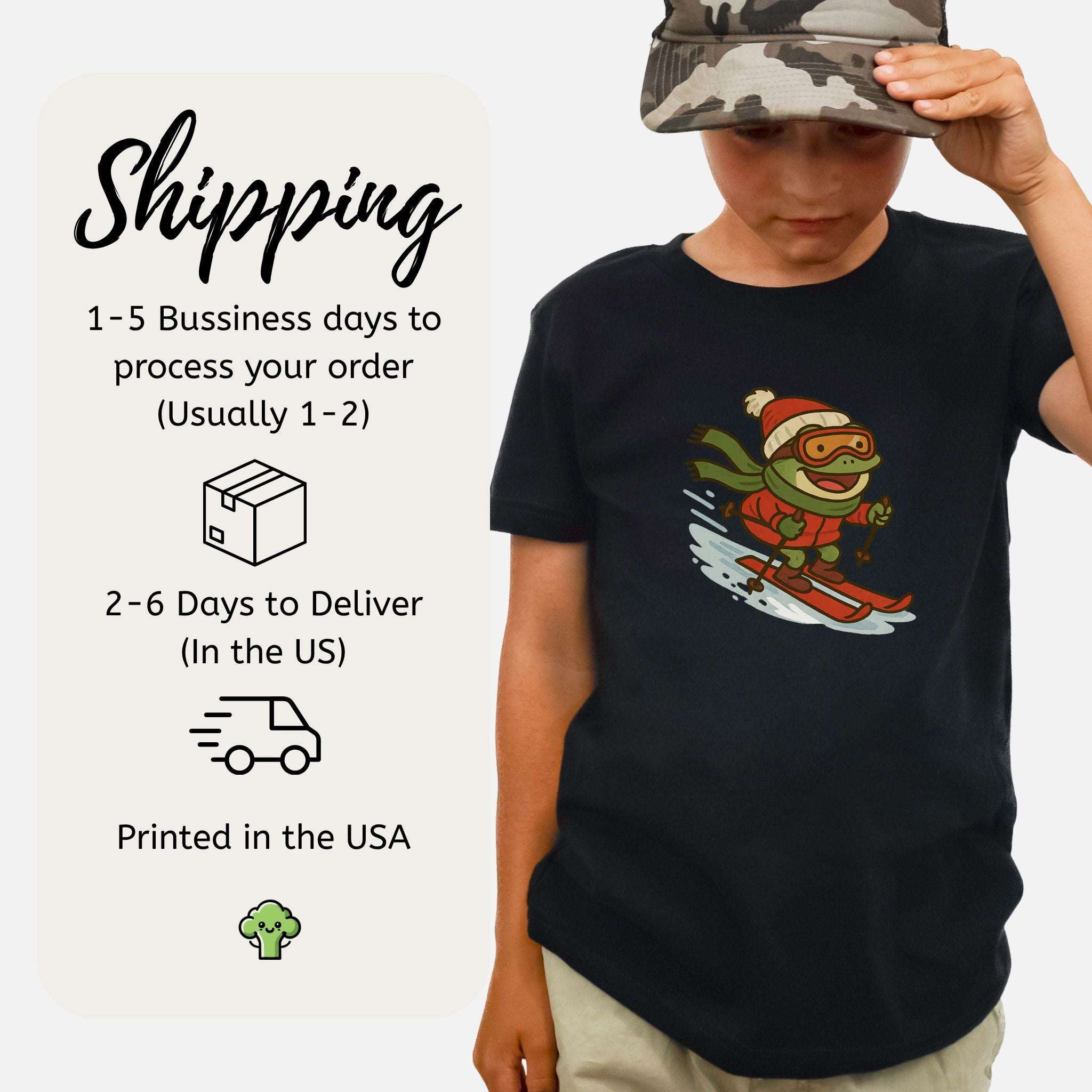 Froggy Ski Fun Kids T-Shirt – Funny Winter Sports Christmas Tee, Youth Tee